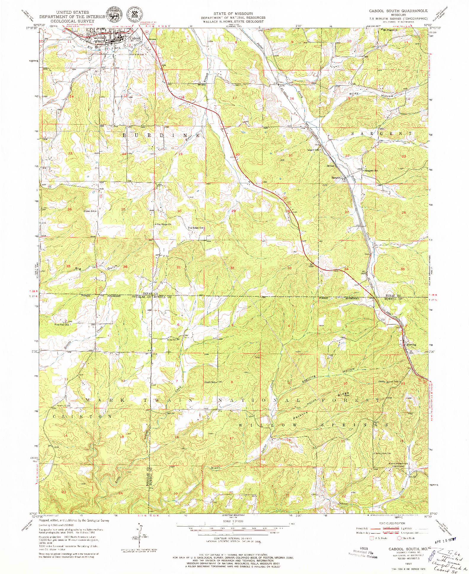 USGS 1:24000-SCALE QUADRANGLE FOR CABOOL SOUTH, MO 1951