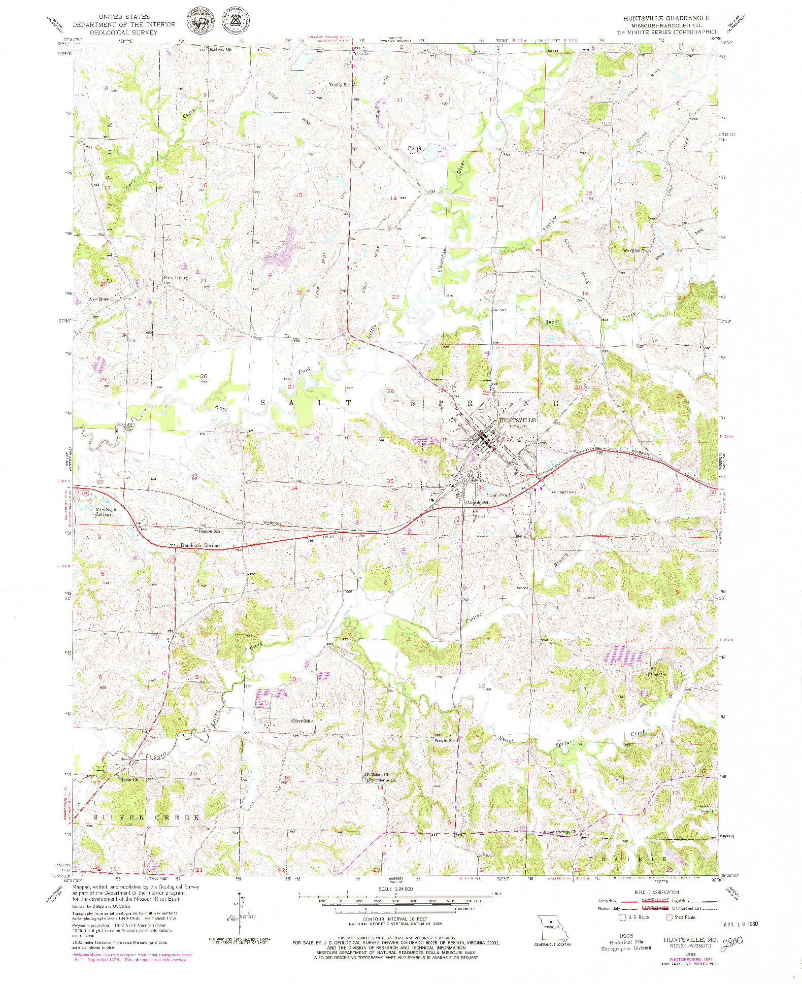 USGS 1:24000-SCALE QUADRANGLE FOR HUNTSVILLE, MO 1953