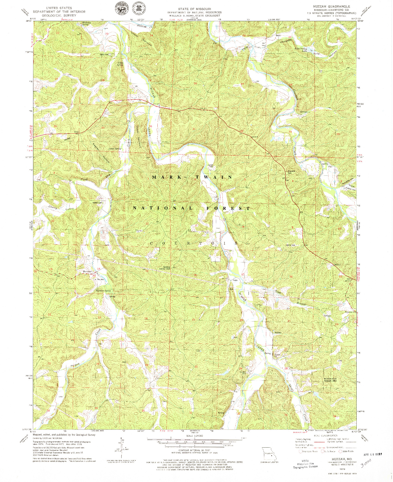USGS 1:24000-SCALE QUADRANGLE FOR HUZZAH, MO 1978