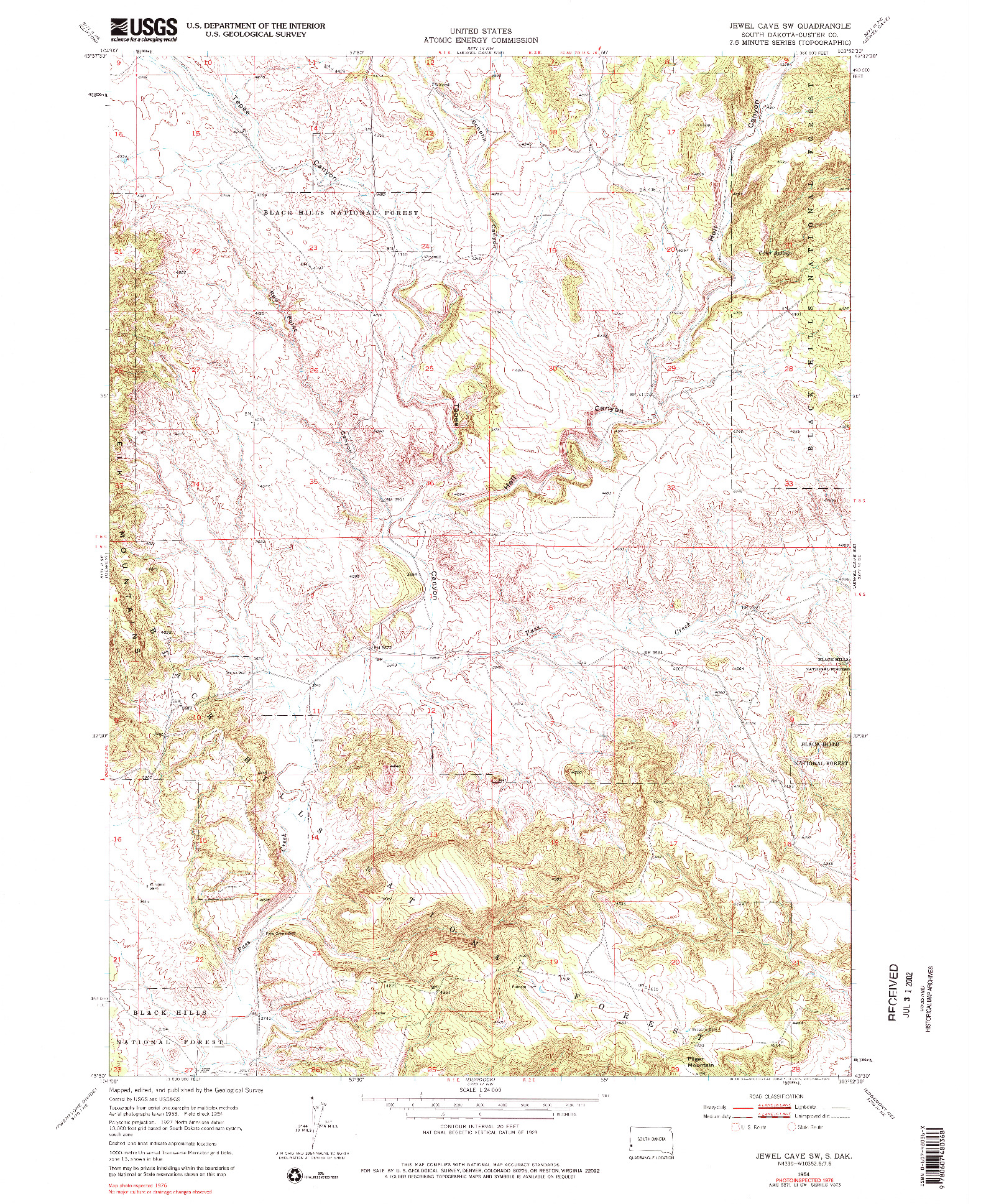 USGS 1:24000-SCALE QUADRANGLE FOR JEWEL CAVE SW, SD 1954