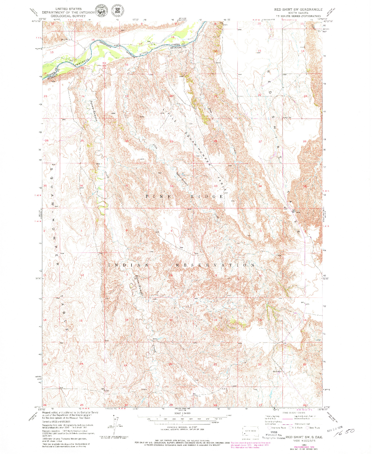 USGS 1:24000-SCALE QUADRANGLE FOR RED SHIRT SW, SD 1951