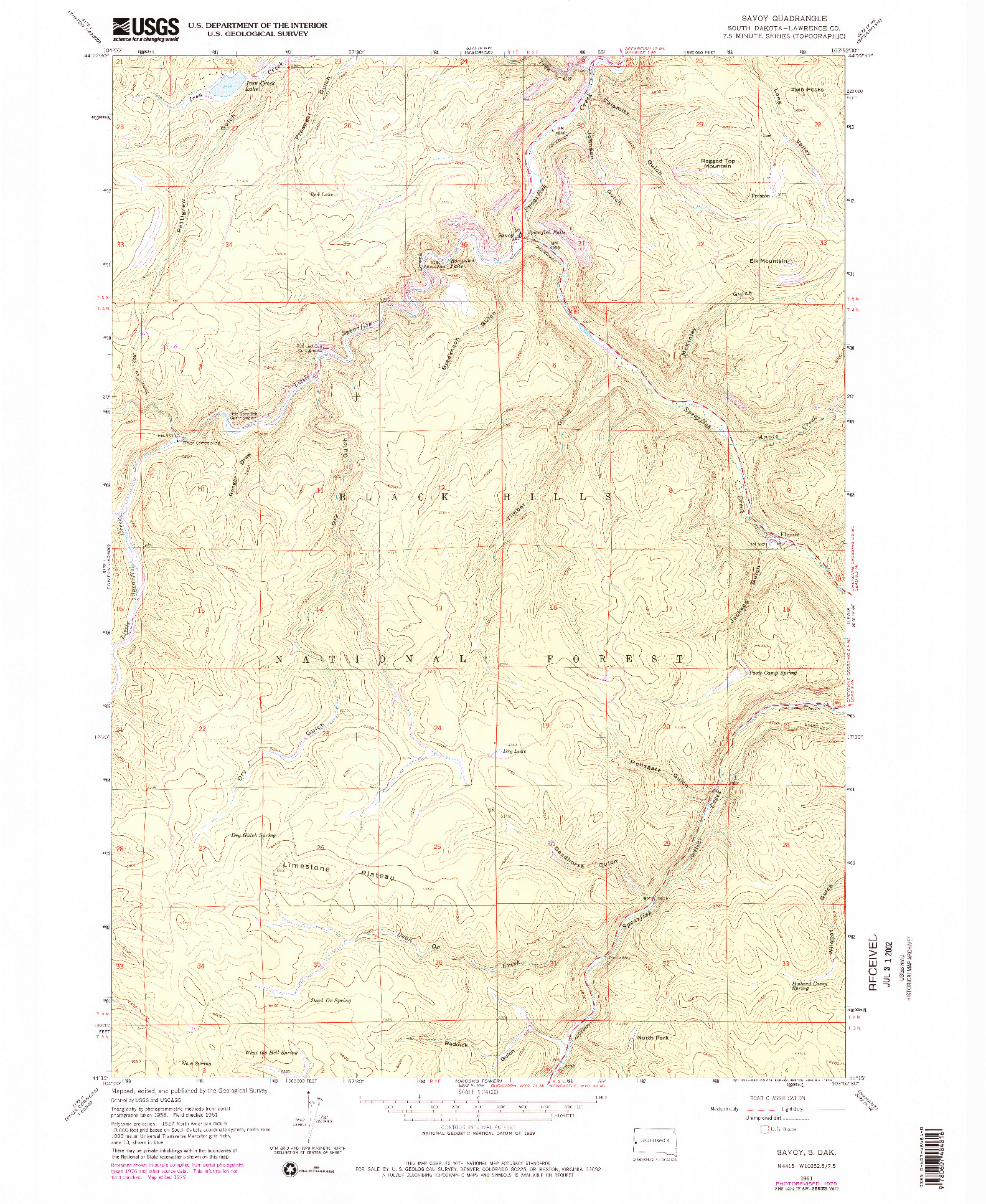 USGS 1:24000-SCALE QUADRANGLE FOR SAVOY, SD 1961