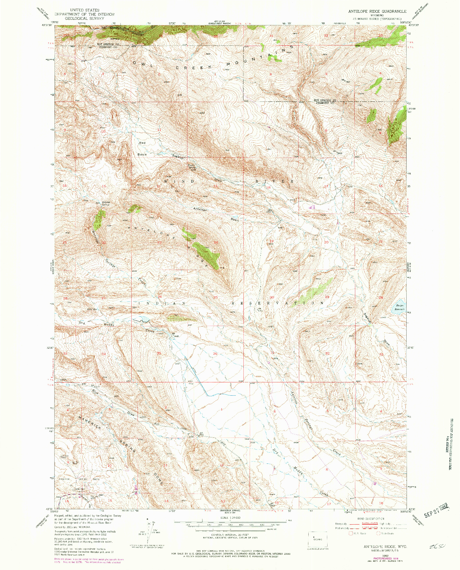 USGS 1:24000-SCALE QUADRANGLE FOR ANTELOPE RIDGE, WY 1952