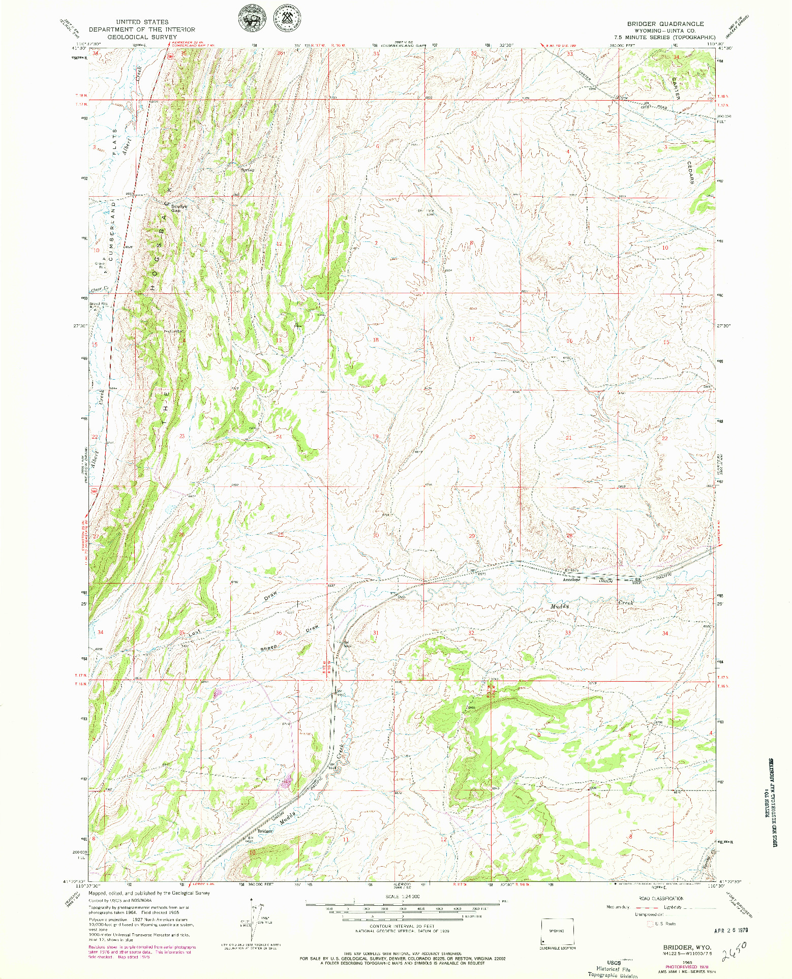 USGS 1:24000-SCALE QUADRANGLE FOR BRIDGER, WY 1965