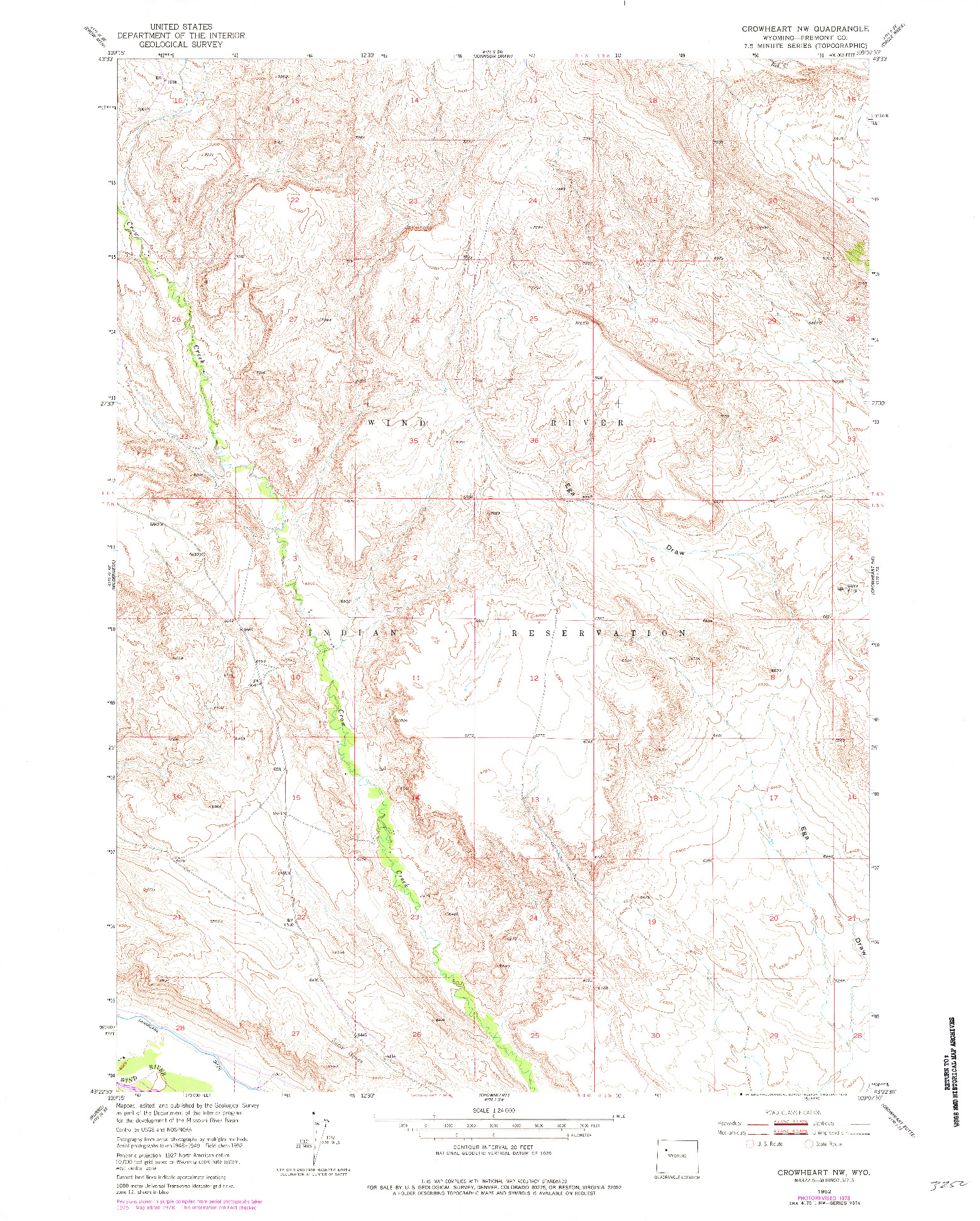 USGS 1:24000-SCALE QUADRANGLE FOR CROWHEART NW, WY 1952