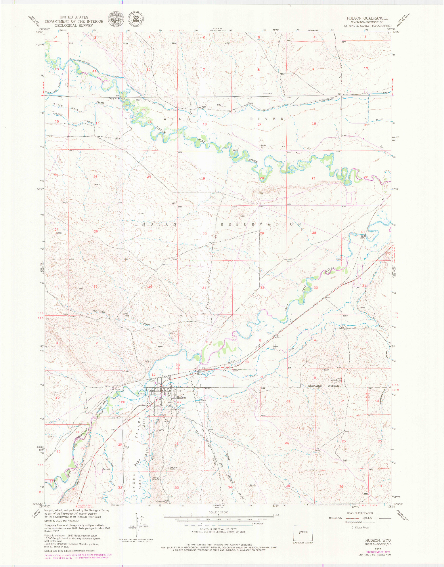 USGS 1:24000-SCALE QUADRANGLE FOR HUDSON, WY 1957