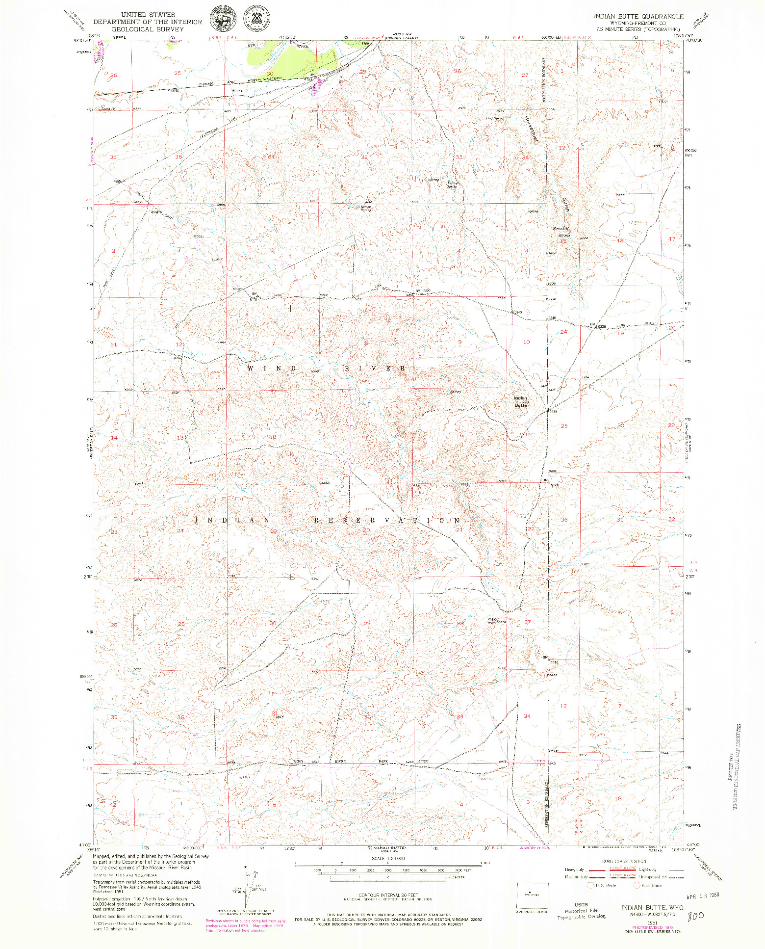 USGS 1:24000-SCALE QUADRANGLE FOR INDIAN BUTTE, WY 1951