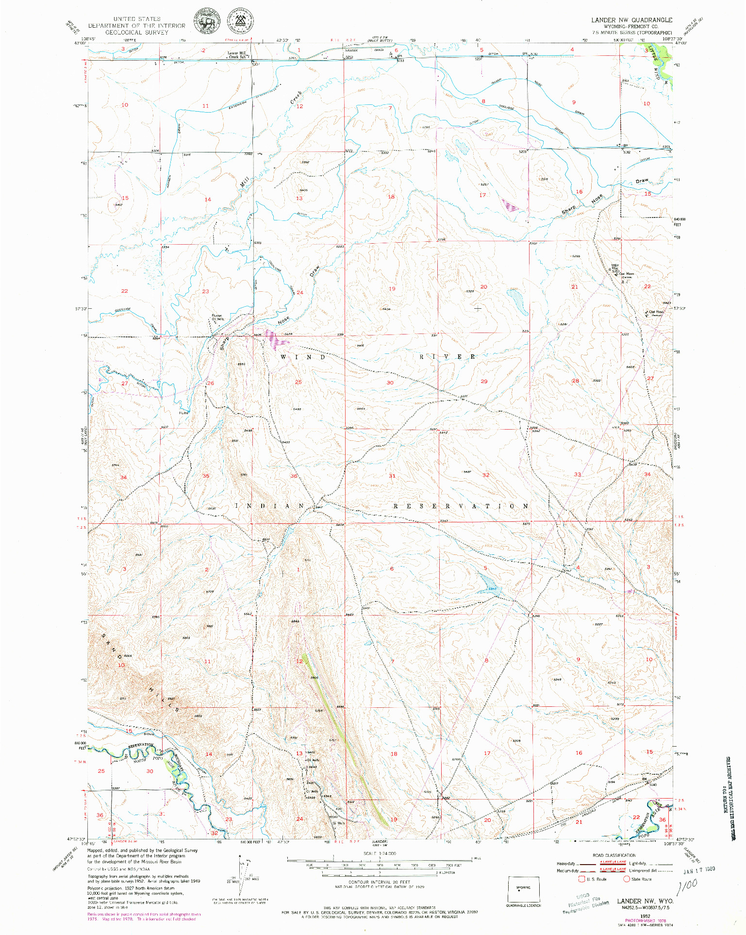 USGS 1:24000-SCALE QUADRANGLE FOR LANDER NW, WY 1952