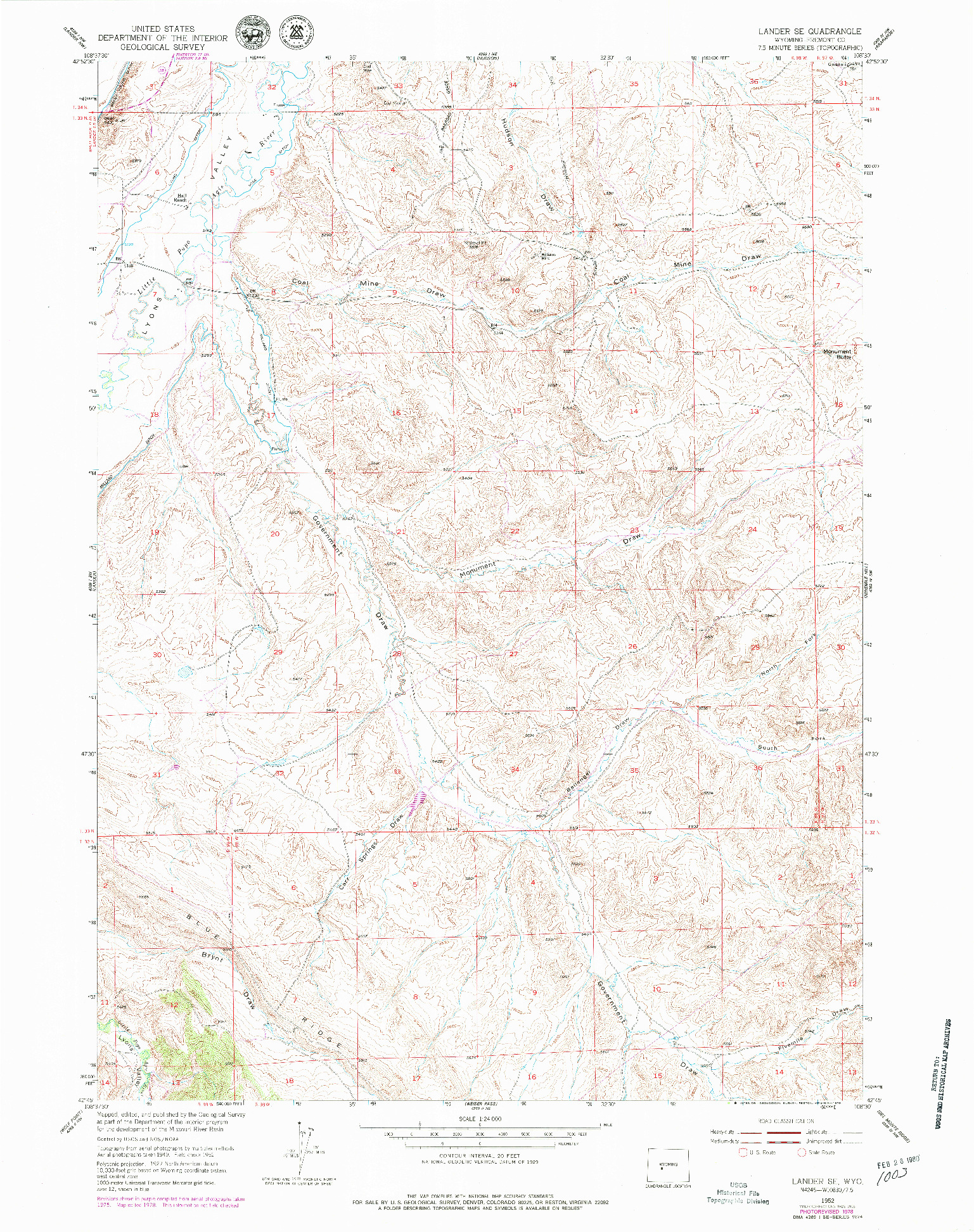 USGS 1:24000-SCALE QUADRANGLE FOR LANDER SE, WY 1952