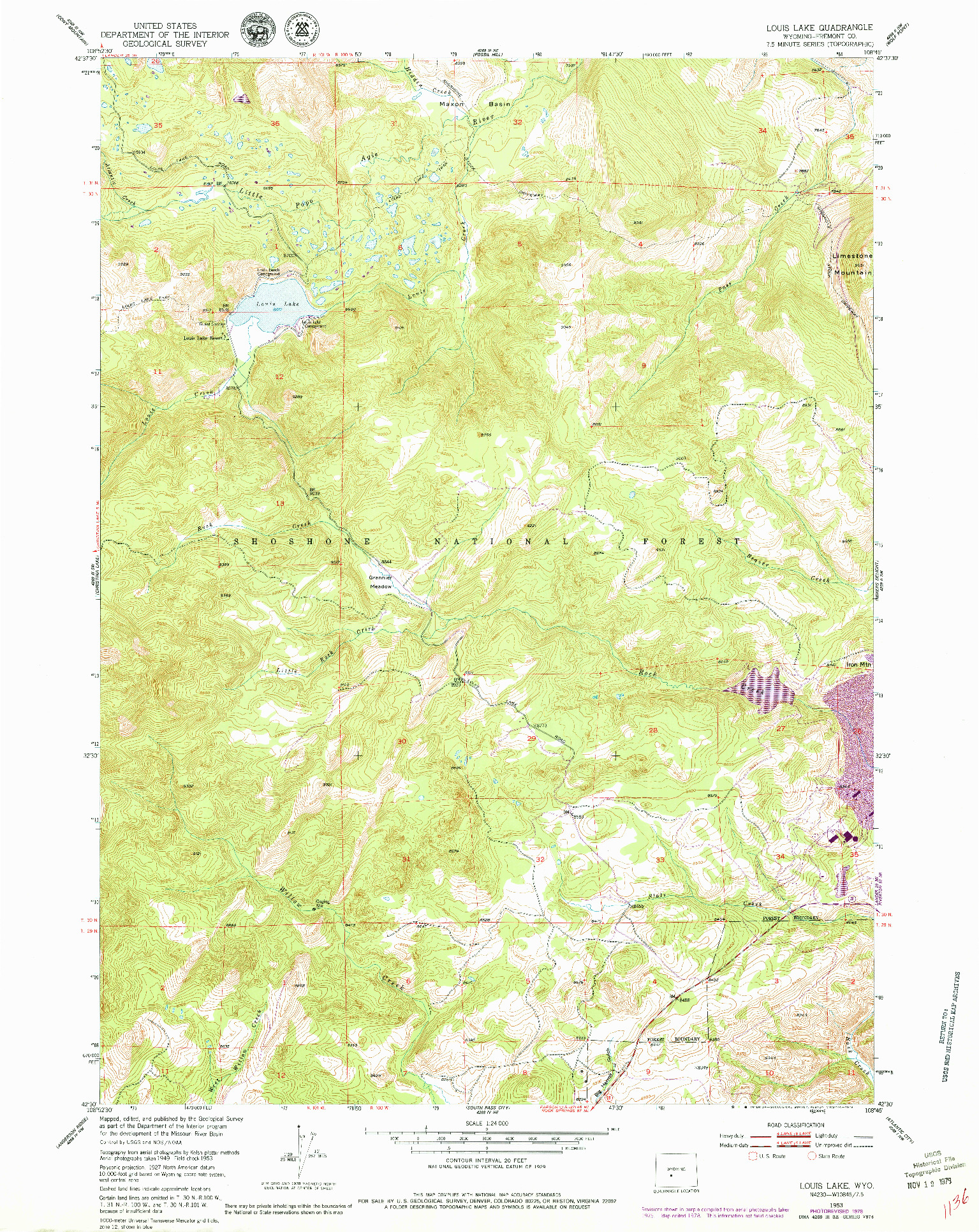 USGS 1:24000-SCALE QUADRANGLE FOR LOUIS LAKE, WY 1953