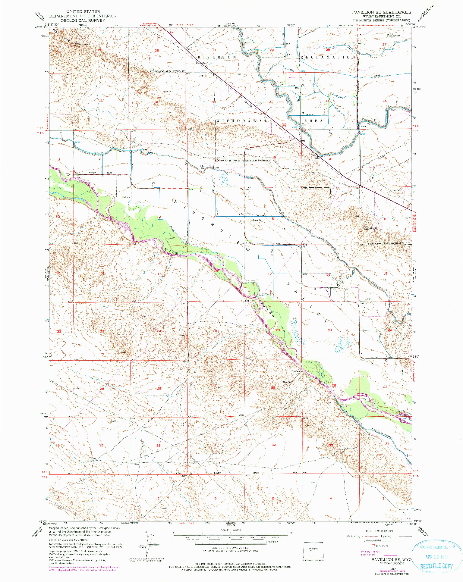 USGS 1:24000-SCALE QUADRANGLE FOR PAVILLION SE, WY 1959