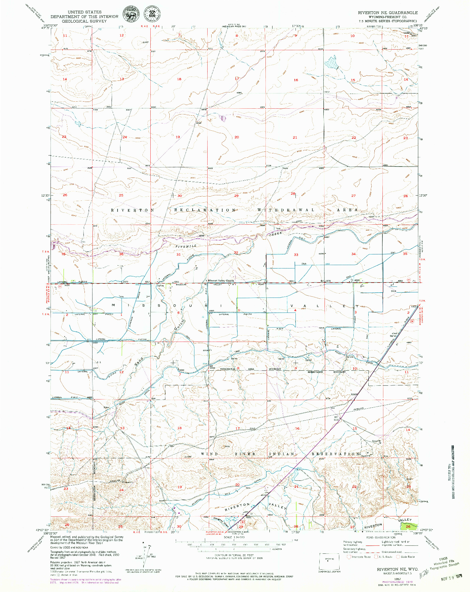 USGS 1:24000-SCALE QUADRANGLE FOR RIVERTON NE, WY 1957