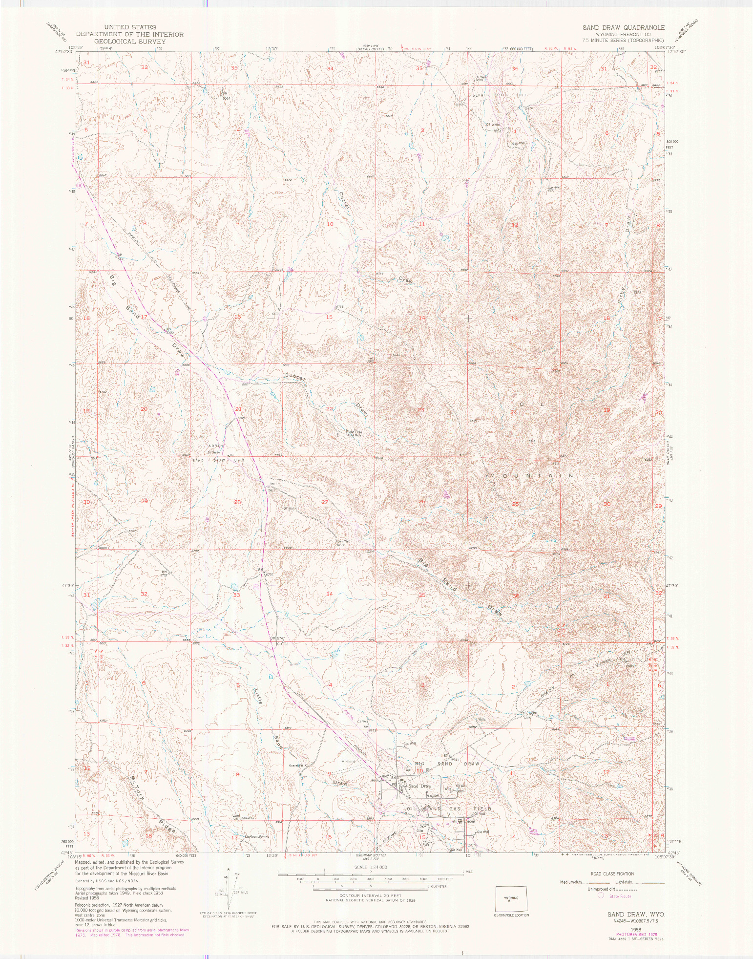 USGS 1:24000-SCALE QUADRANGLE FOR SAND DRAW, WY 1958