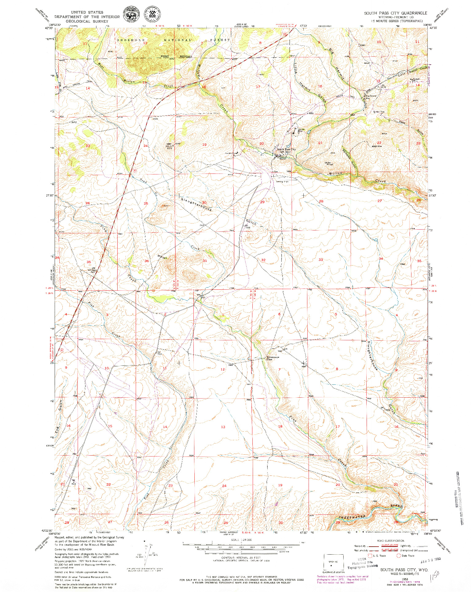 USGS 1:24000-SCALE QUADRANGLE FOR SOUTH PASS CITY, WY 1953