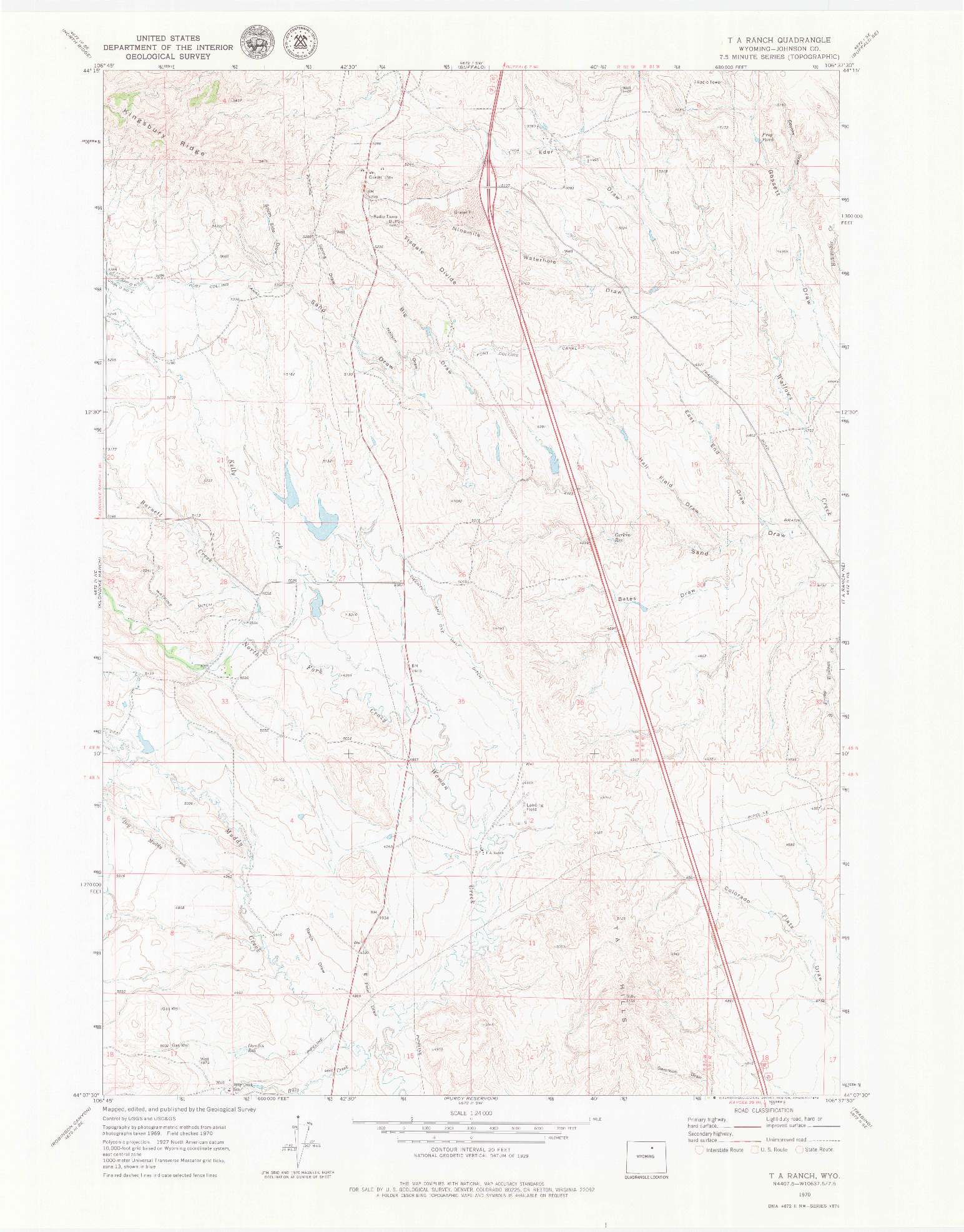 USGS 1:24000-SCALE QUADRANGLE FOR T A RANCH, WY 1970