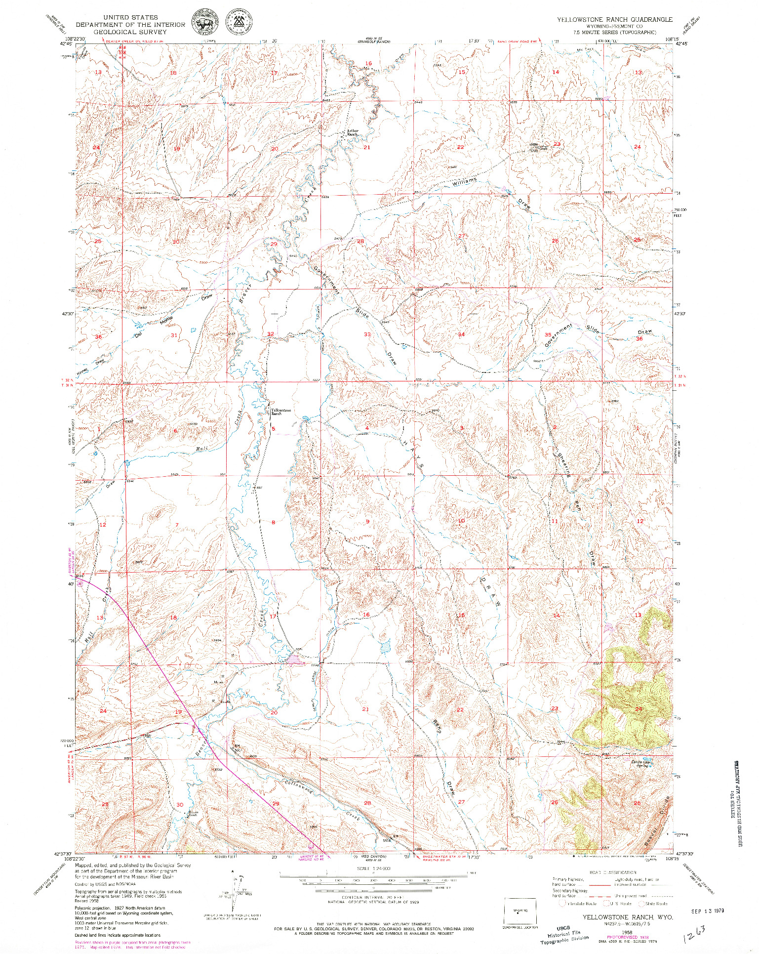 USGS 1:24000-SCALE QUADRANGLE FOR YELLOWSTONE RANCH, WY 1958