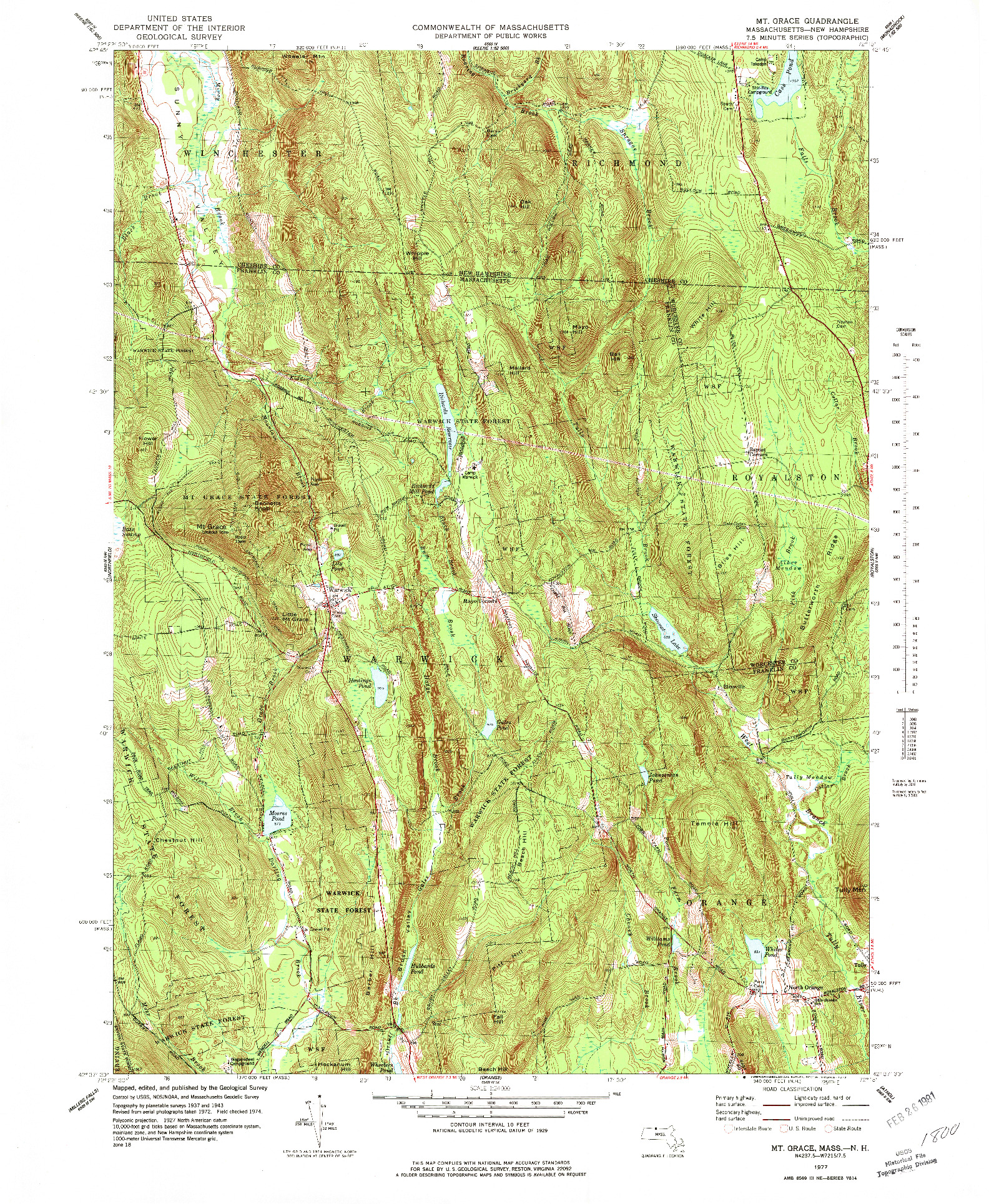 USGS 1:24000-SCALE QUADRANGLE FOR MT GRACE, MA 1977