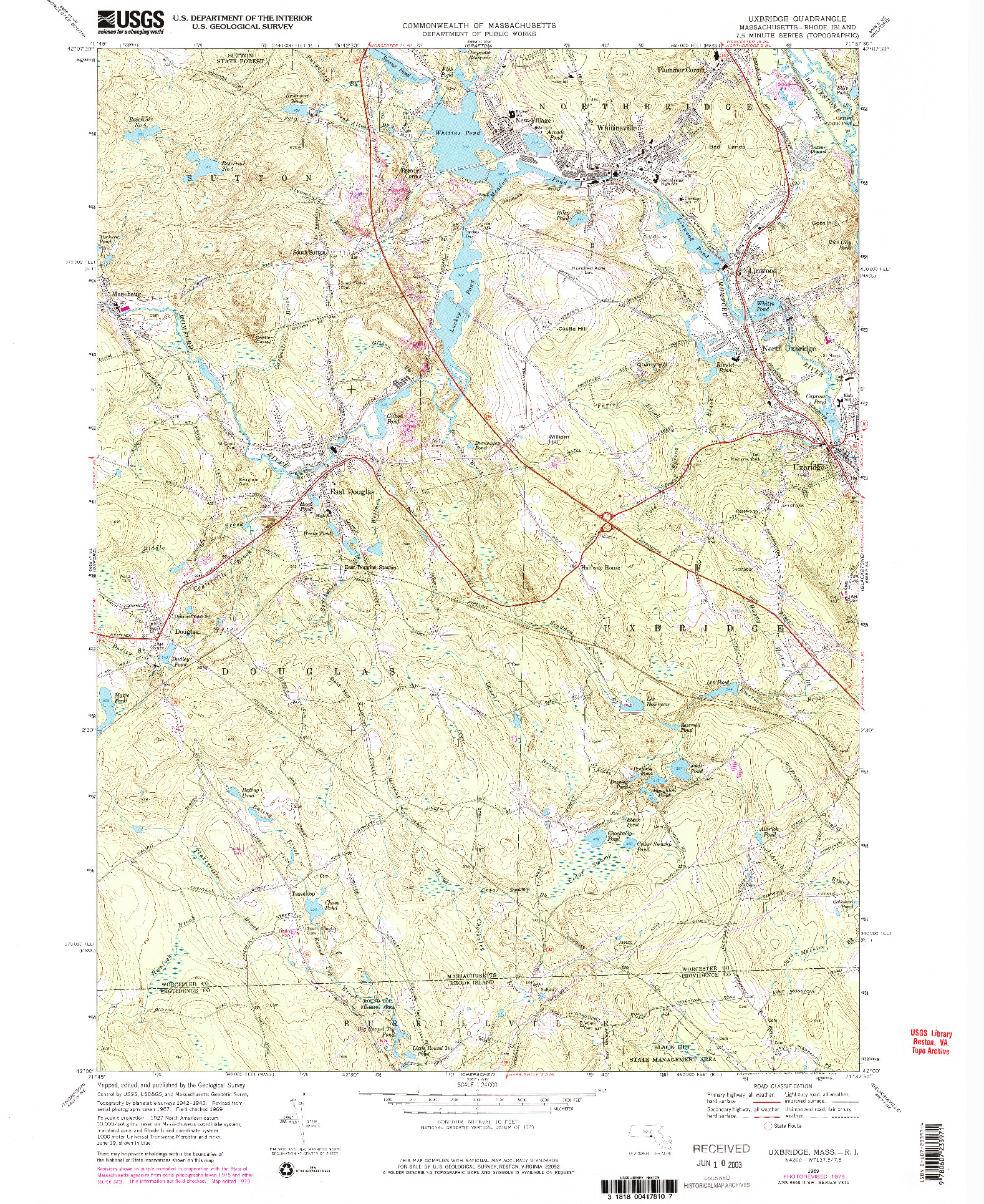 USGS 1:24000-SCALE QUADRANGLE FOR UXBRIDGE, MA 1969
