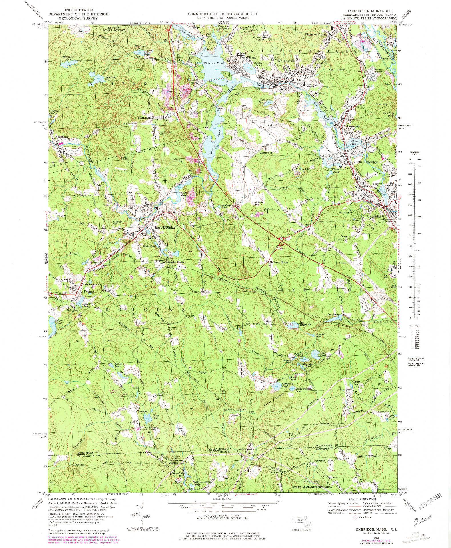 USGS 1:24000-SCALE QUADRANGLE FOR UXBRIDGE, MA 1969