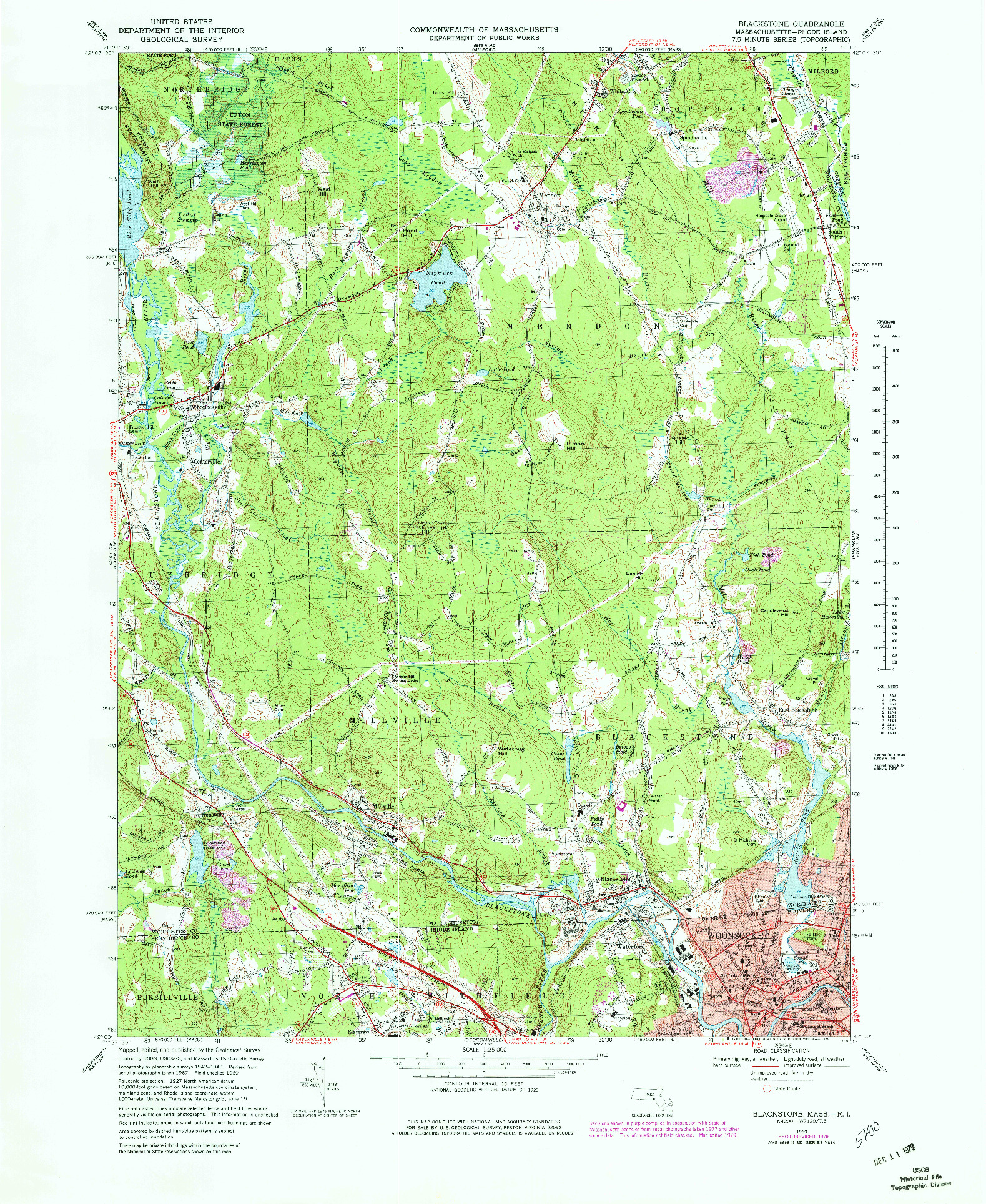 USGS 1:25000-SCALE QUADRANGLE FOR BLACKSTONE, MA 1969