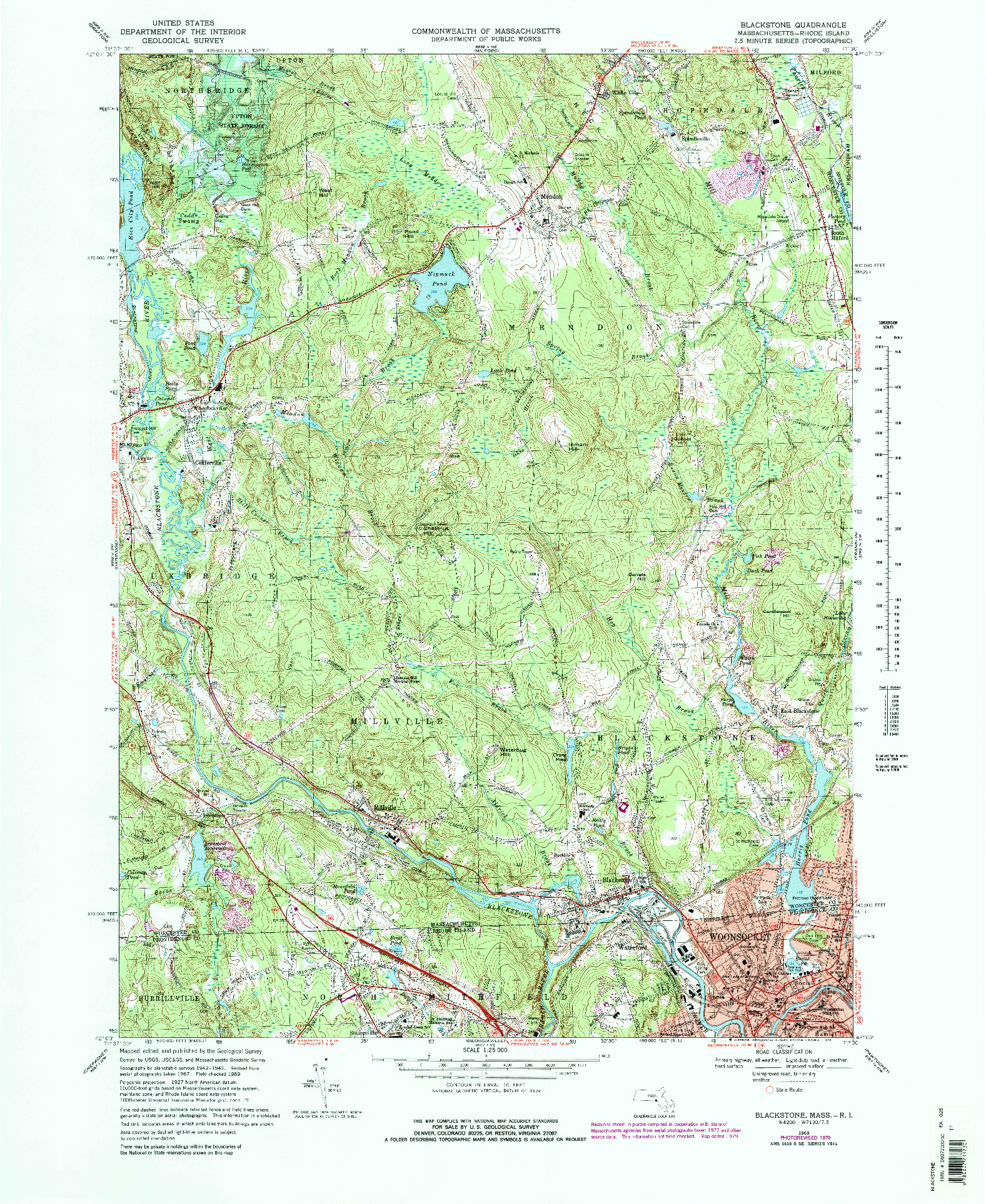 USGS 1:25000-SCALE QUADRANGLE FOR BLACKSTONE, MA 1969