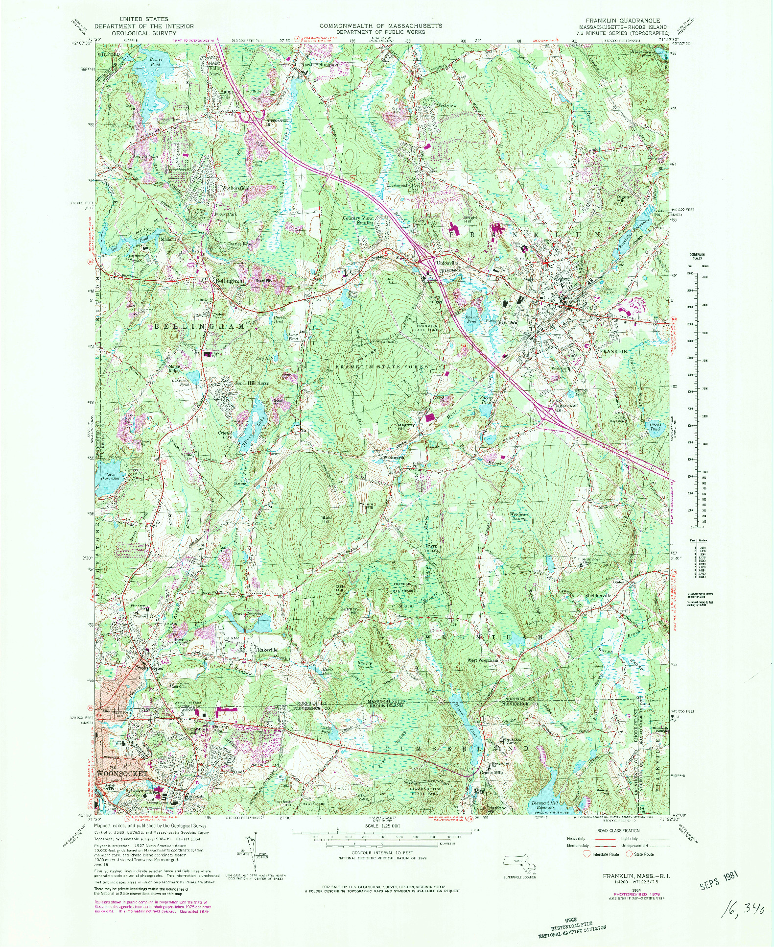 USGS 1:25000-SCALE QUADRANGLE FOR FRANKLIN, MA 1964