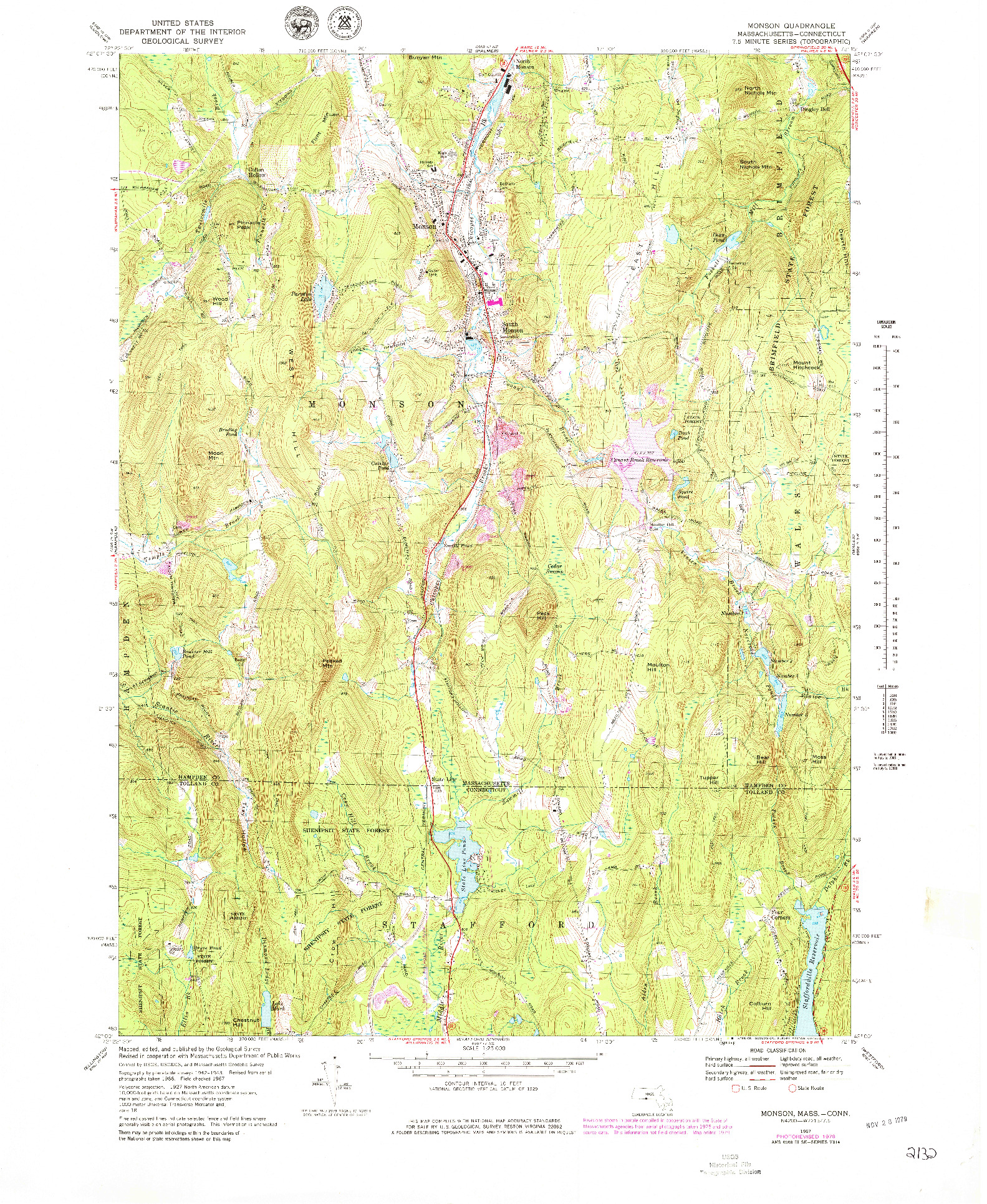 USGS 1:25000-SCALE QUADRANGLE FOR MONSON, MA 1967