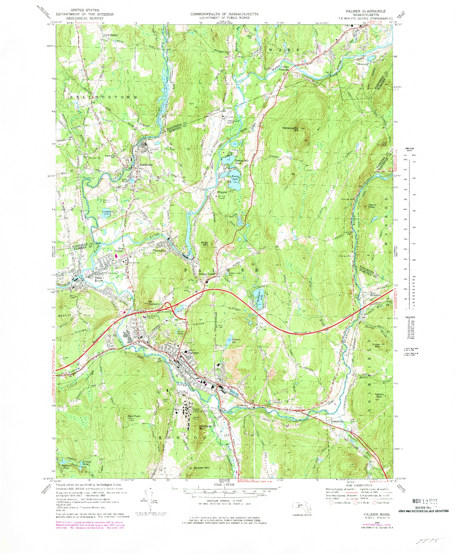 USGS 1:25000-SCALE QUADRANGLE FOR PALMER, MA 1969