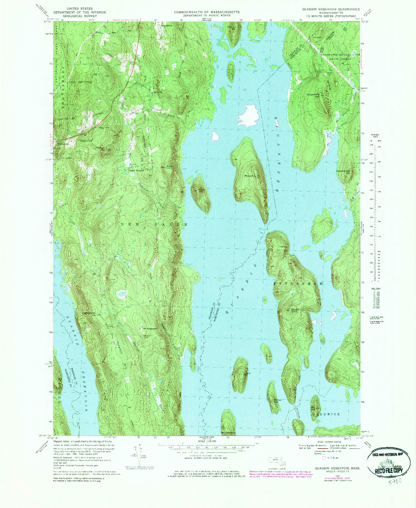 USGS 1:25000-SCALE QUADRANGLE FOR QUABBIN RESERVOIR, MA 1967