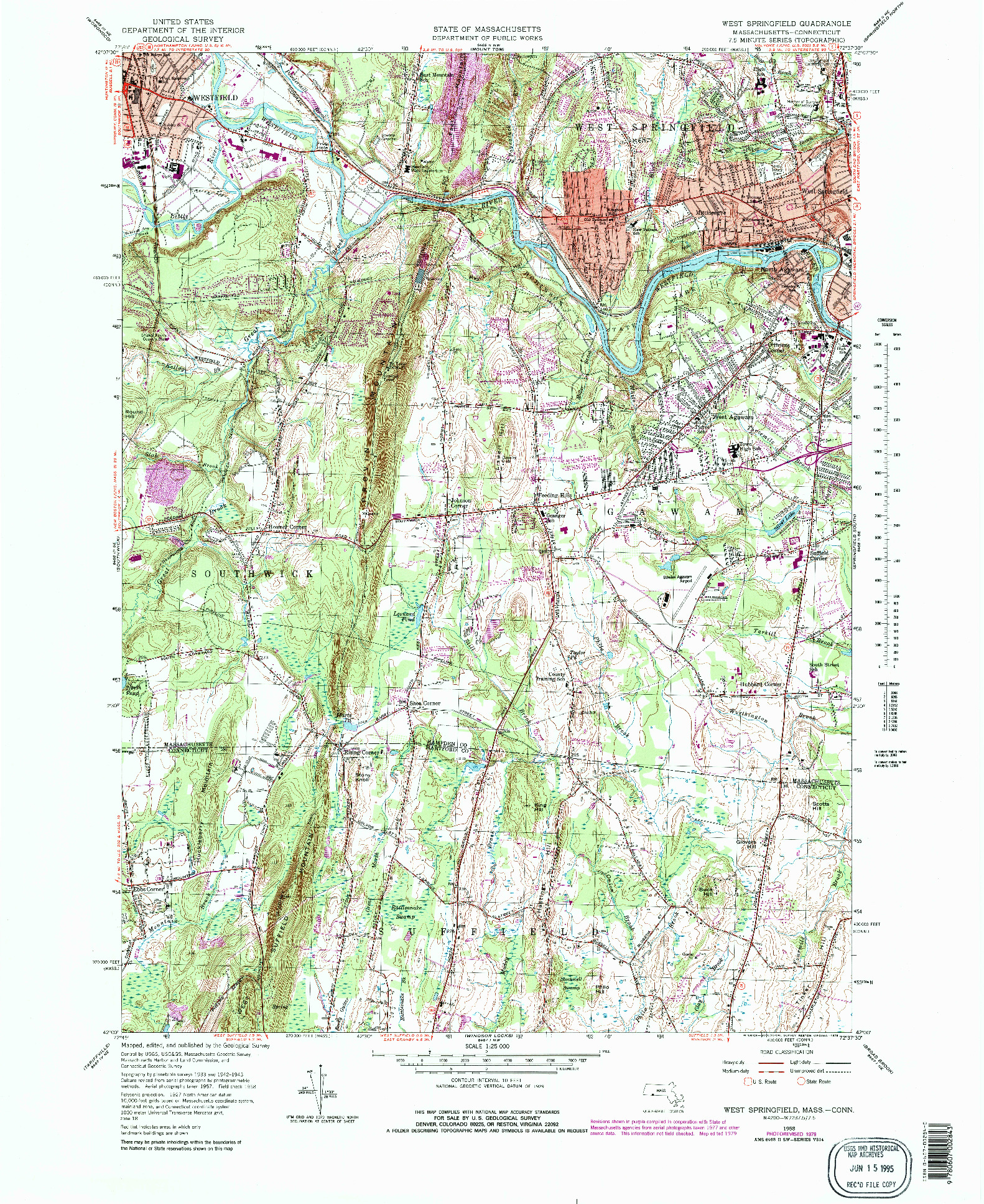 USGS 1:25000-SCALE QUADRANGLE FOR WEST SPRINGFIELD, MA 1958