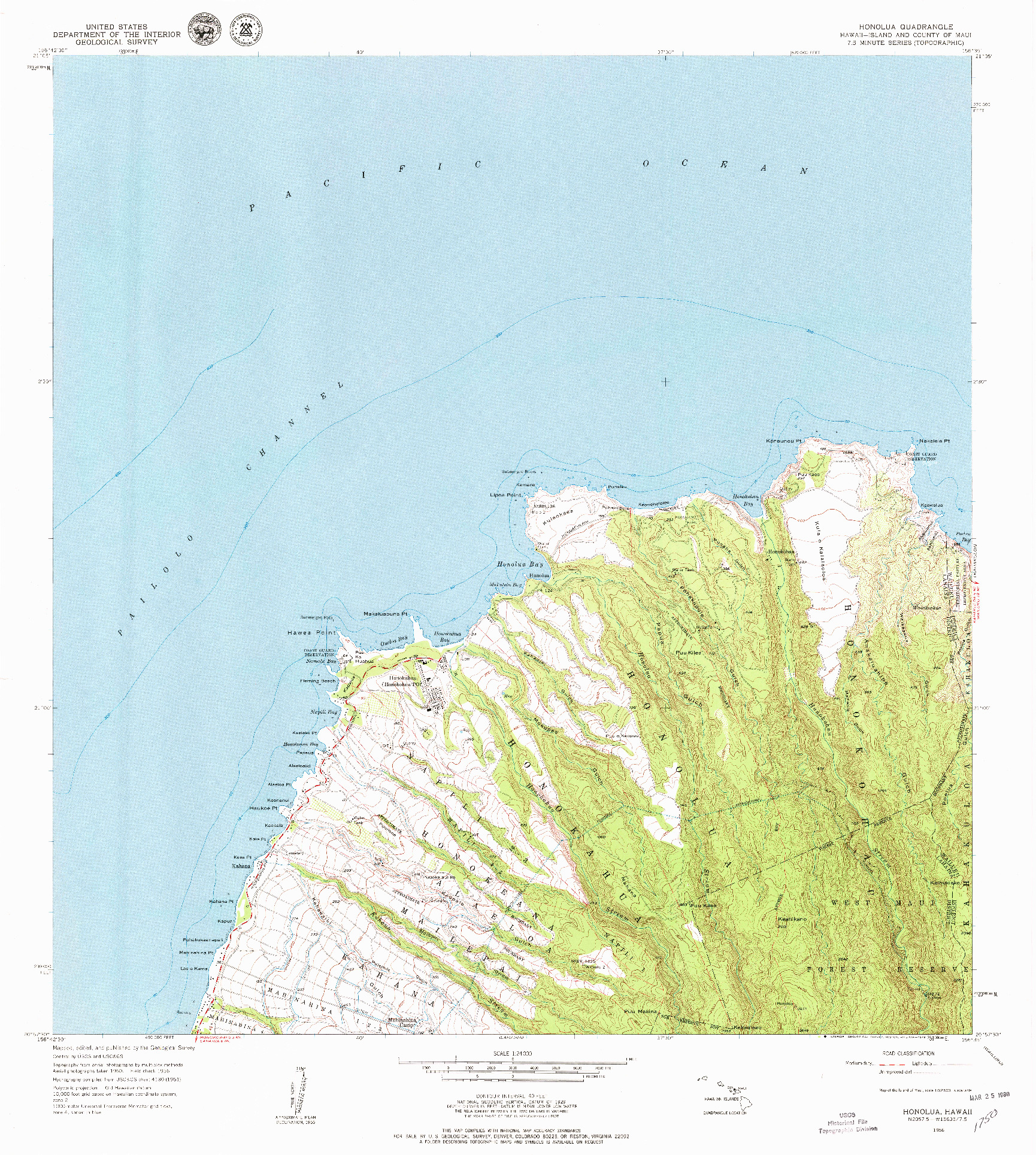 USGS 1:24000-SCALE QUADRANGLE FOR HONOLUA, HI 1956