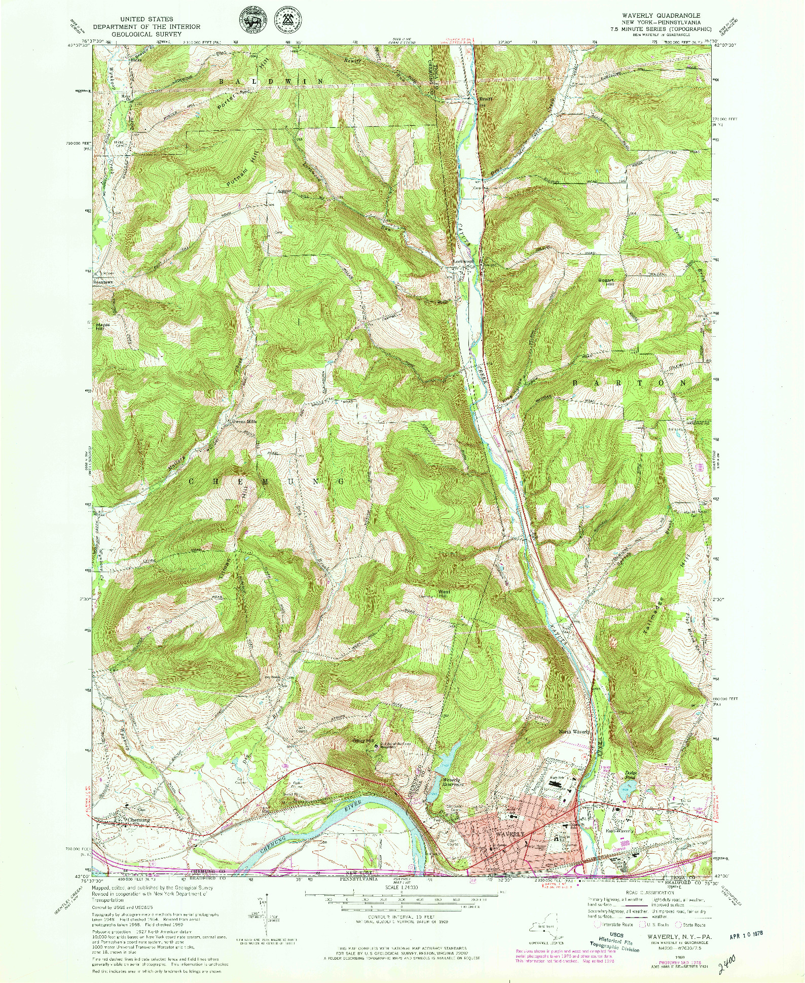 USGS 1:24000-SCALE QUADRANGLE FOR WAVERLY, NY 1969