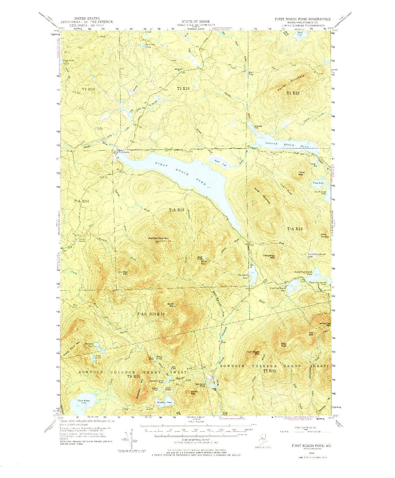 USGS 1:62500-SCALE QUADRANGLE FOR FIRST ROACH POND, ME 1952