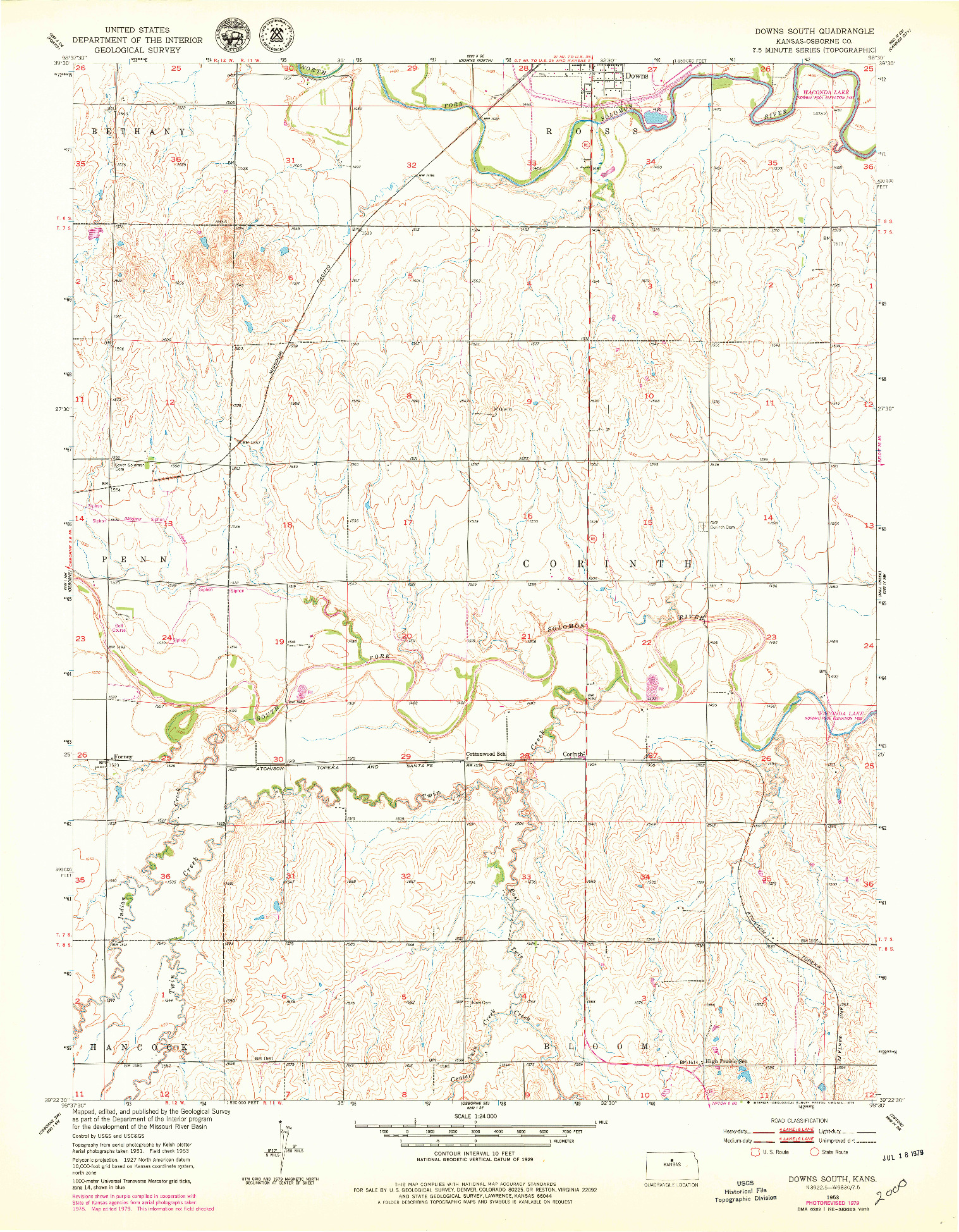 USGS 1:24000-SCALE QUADRANGLE FOR DOWNS SOUTH, KS 1953