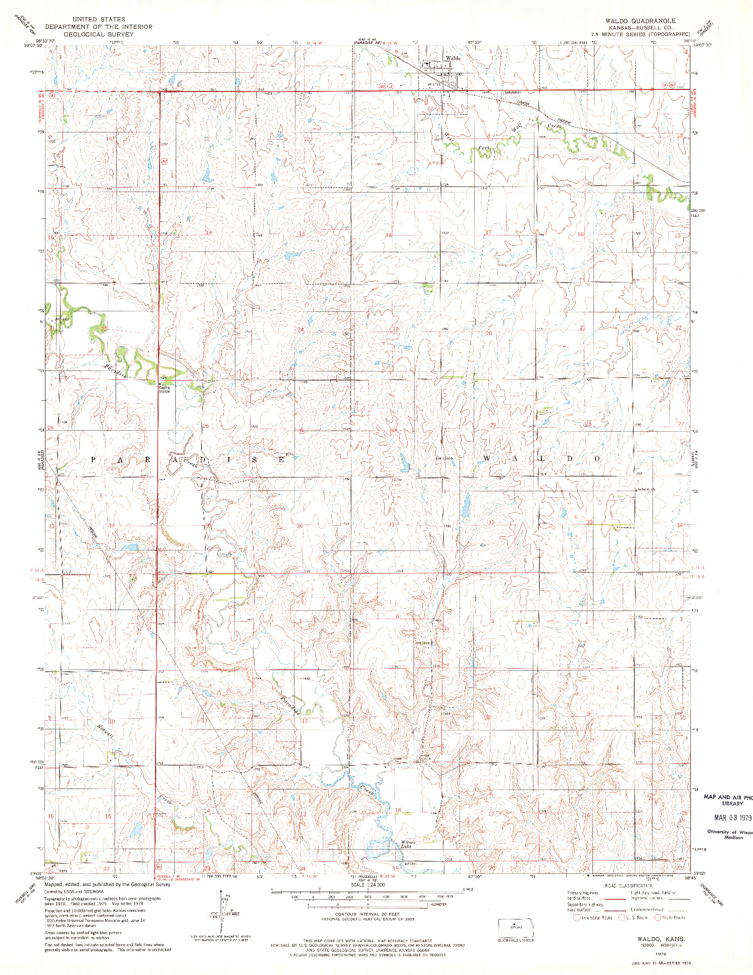 USGS 1:24000-SCALE QUADRANGLE FOR WALDO, KS 1978