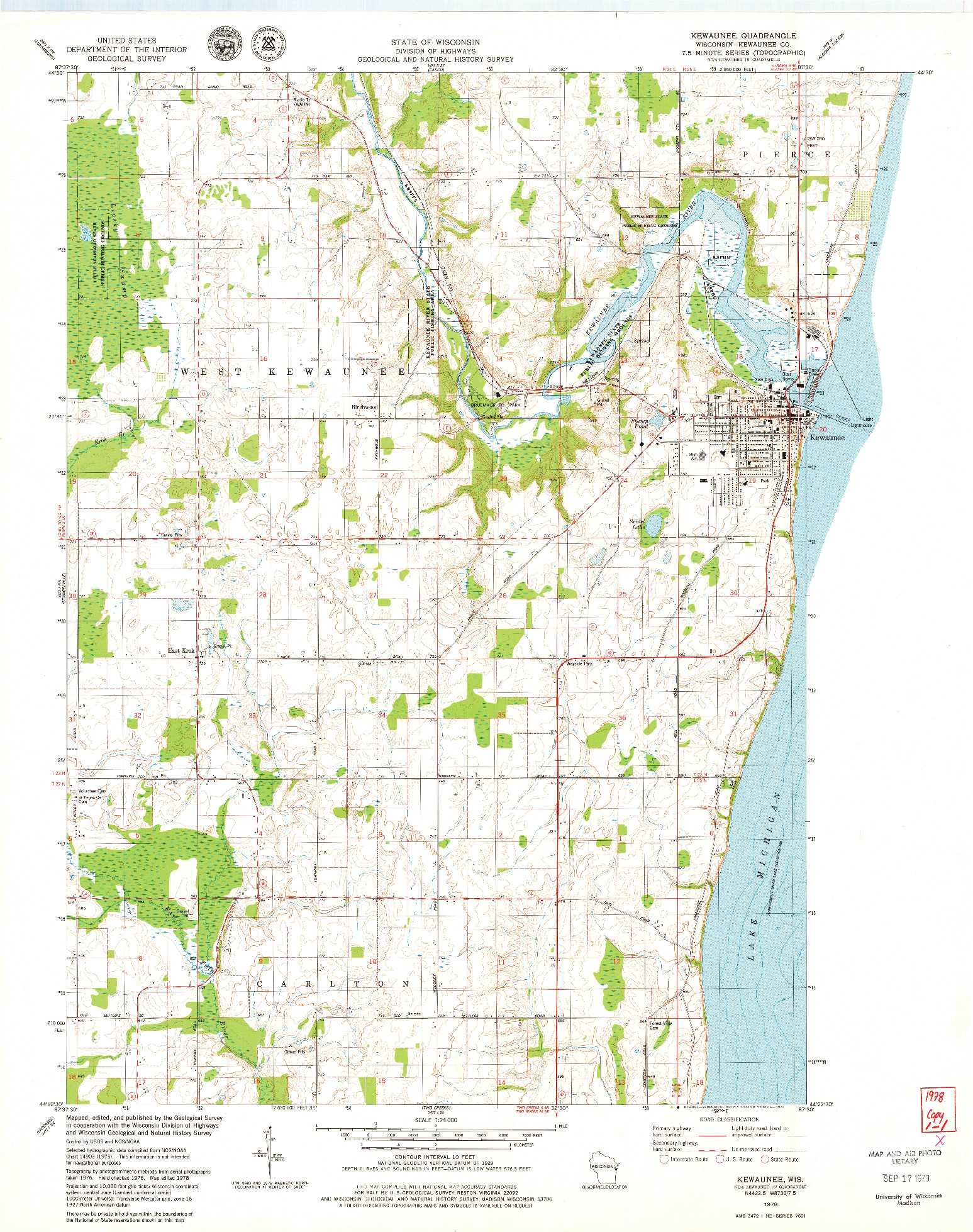 USGS 1:24000-SCALE QUADRANGLE FOR KEWAUNEE, WI 1978