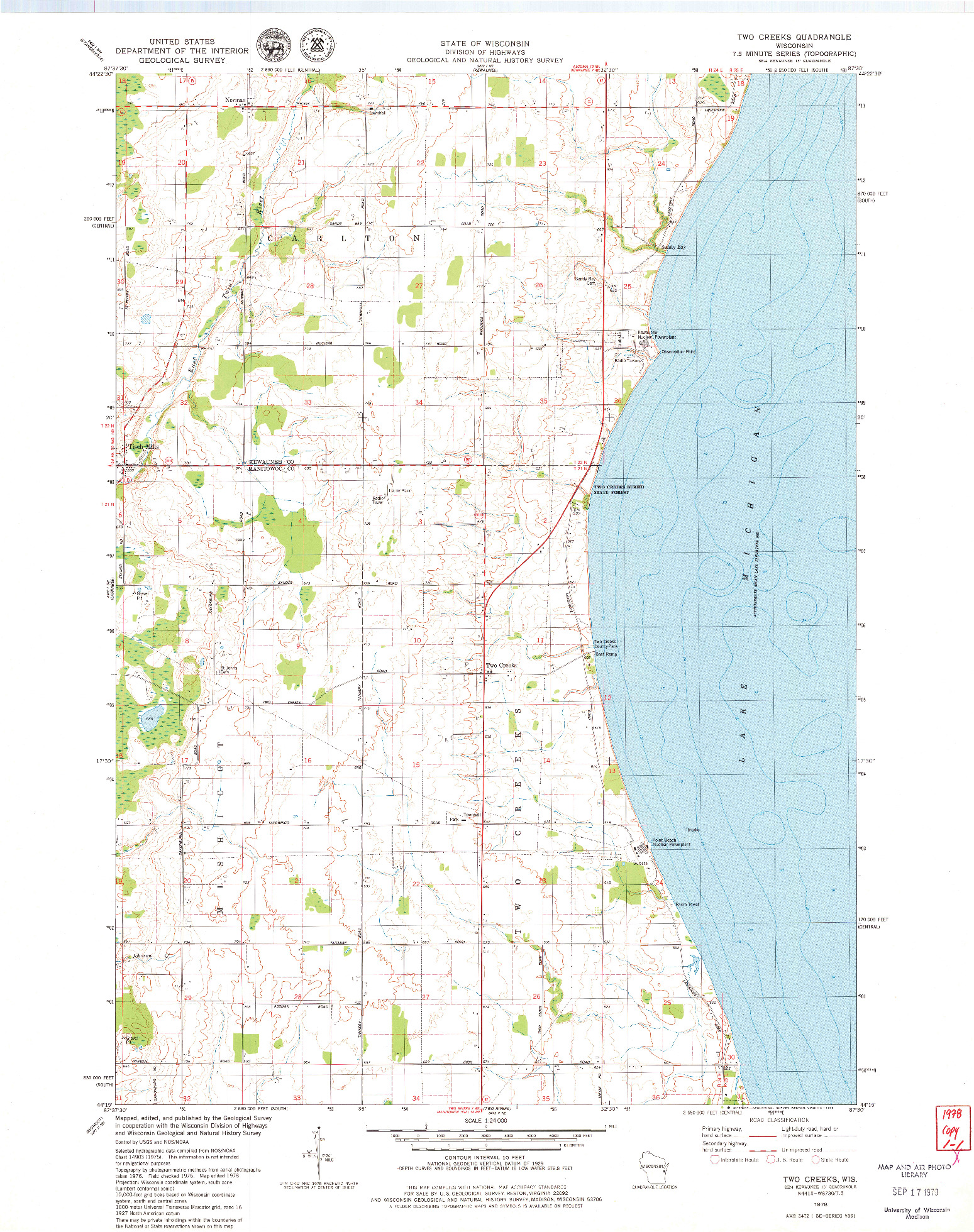 USGS 1:24000-SCALE QUADRANGLE FOR TWO CREEKS, WI 1978