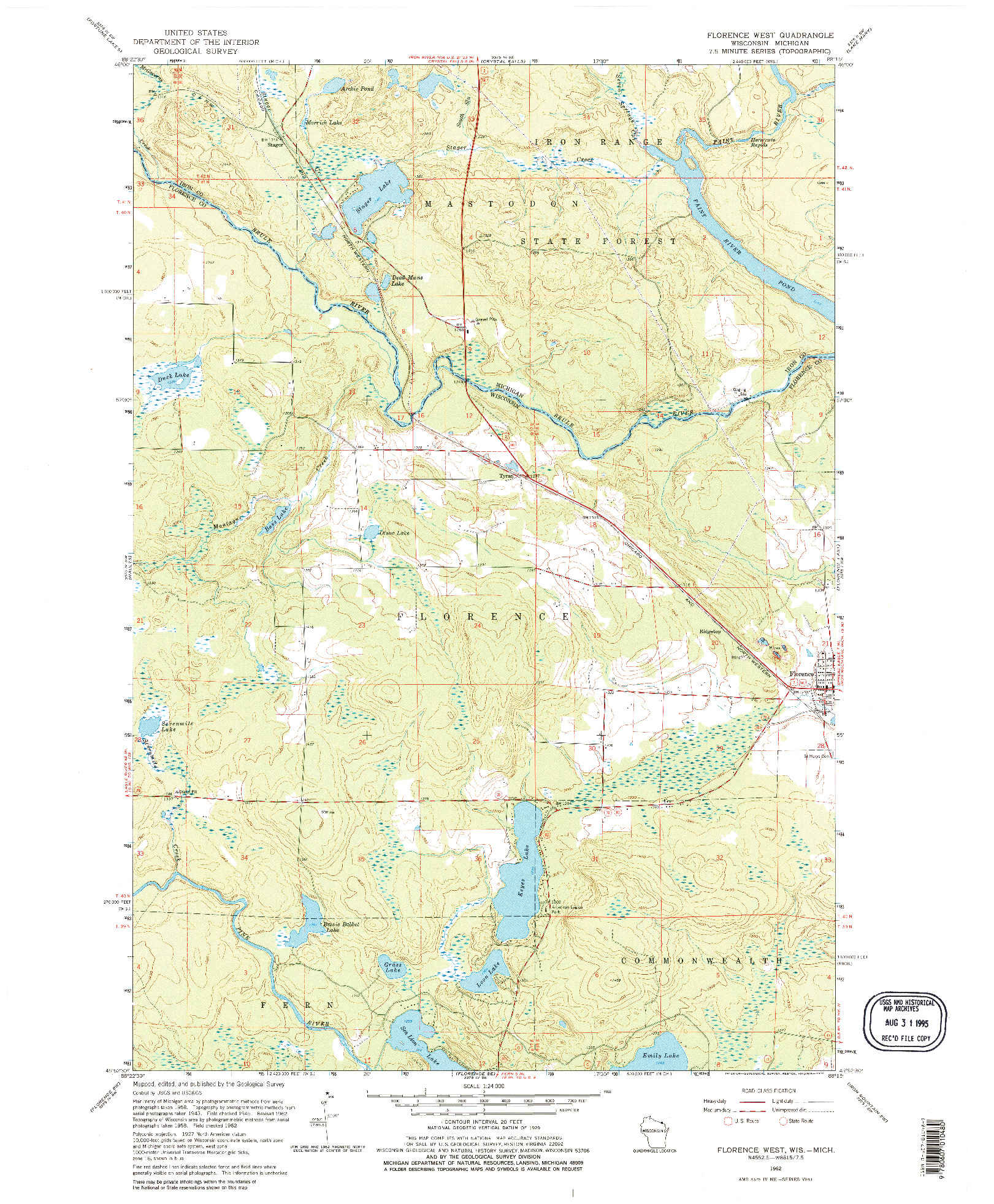 USGS 1:24000-SCALE QUADRANGLE FOR FLORENCE WEST, WI 1962
