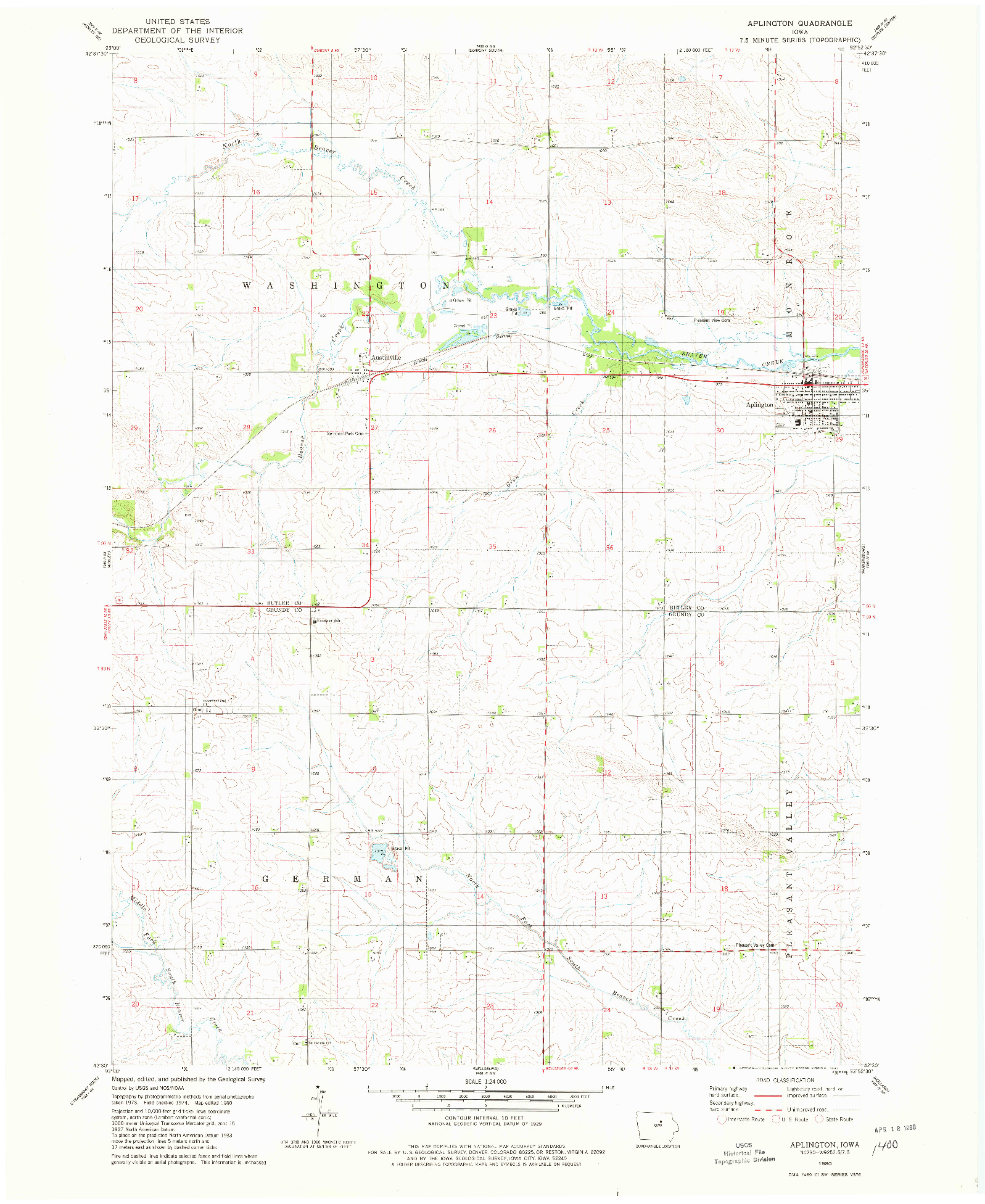 USGS 1:24000-SCALE QUADRANGLE FOR APLINGTON, IA 1980