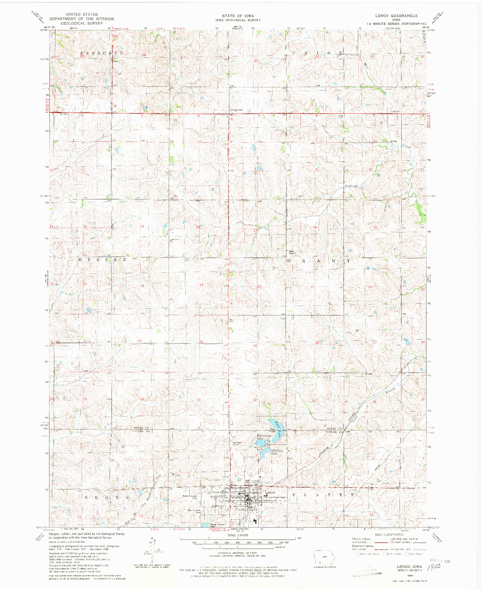 USGS 1:24000-SCALE QUADRANGLE FOR LENOX, IA 1980