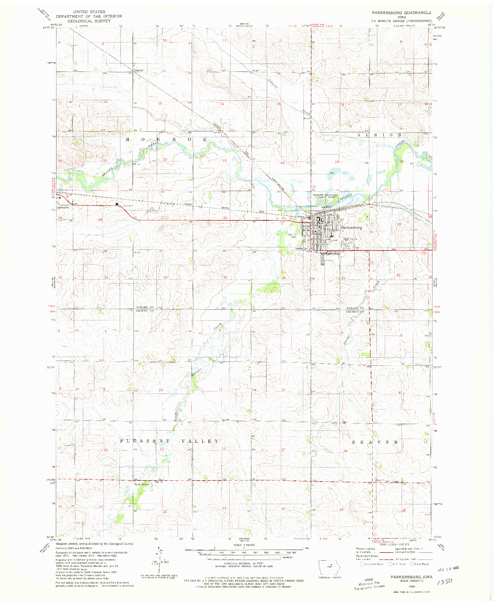 USGS 1:24000-SCALE QUADRANGLE FOR PARKERSBURG, IA 1980