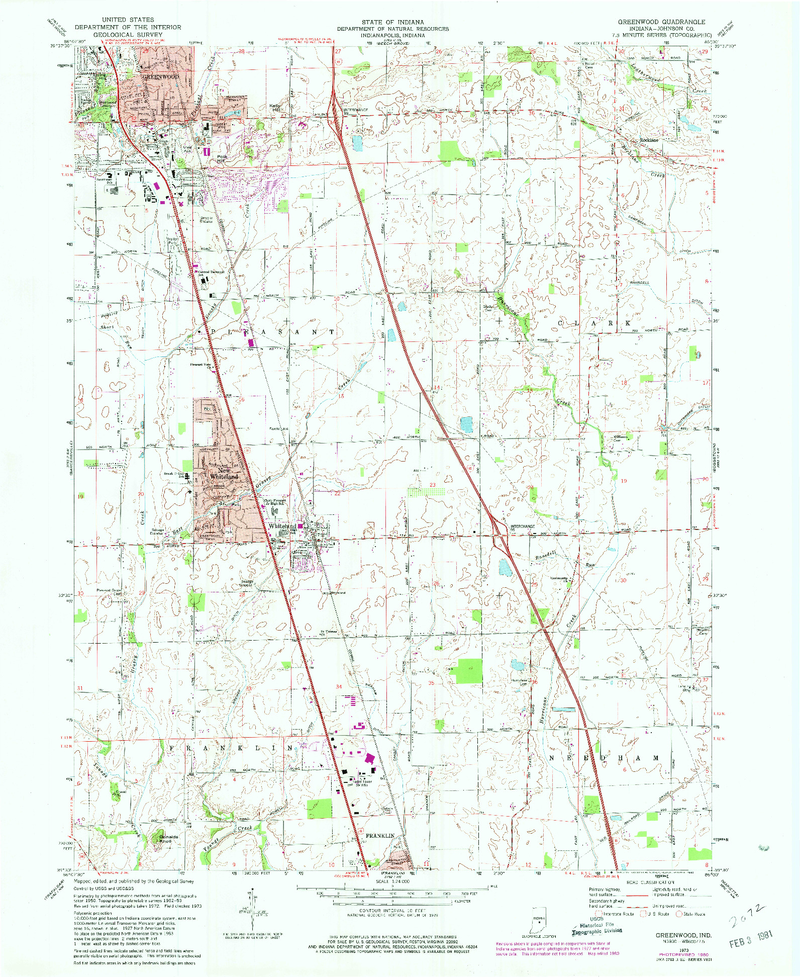 USGS 1:24000-SCALE QUADRANGLE FOR GREENWOOD, IN 1973