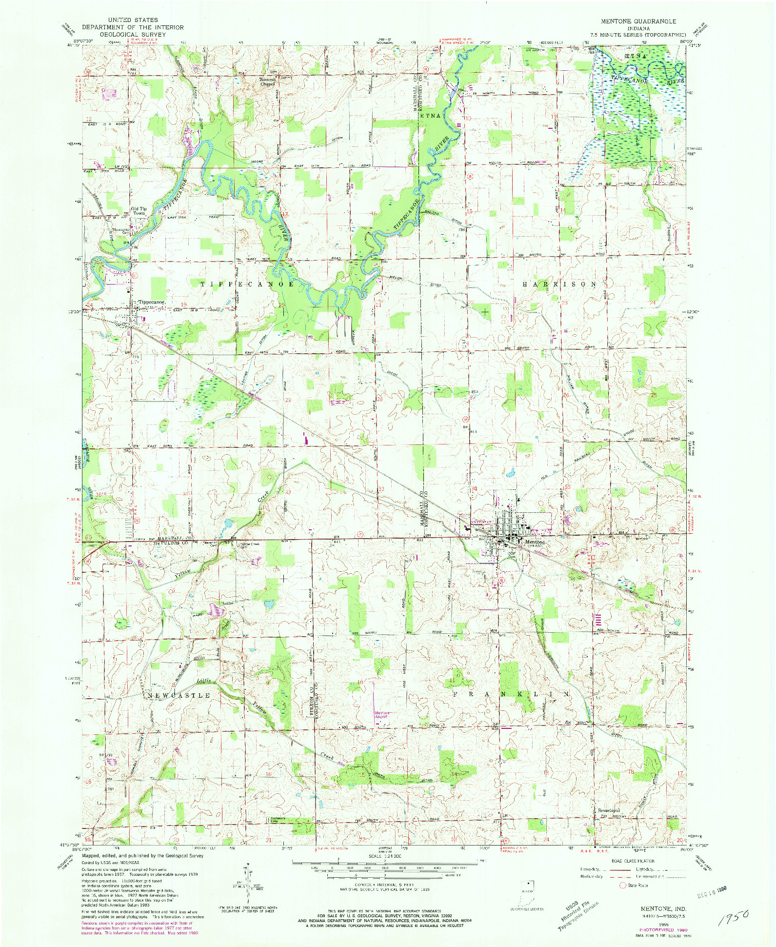 USGS 1:24000-SCALE QUADRANGLE FOR MENTONE, IN 1959