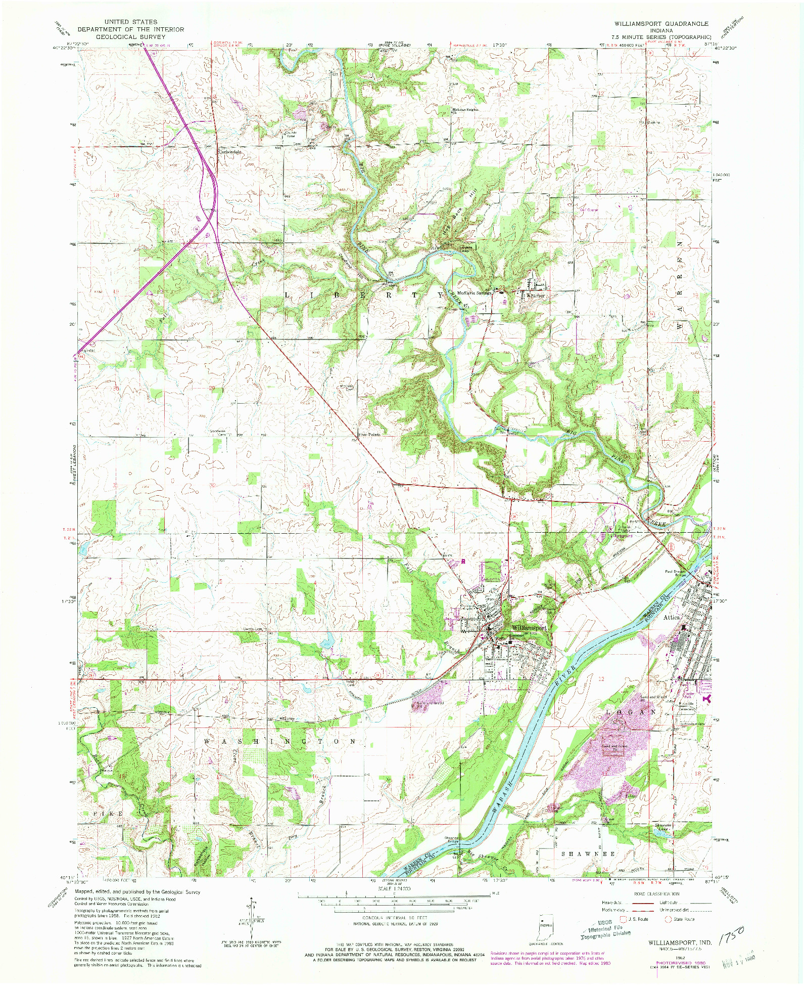 USGS 1:24000-SCALE QUADRANGLE FOR WILLIAMSPORT, IN 1962