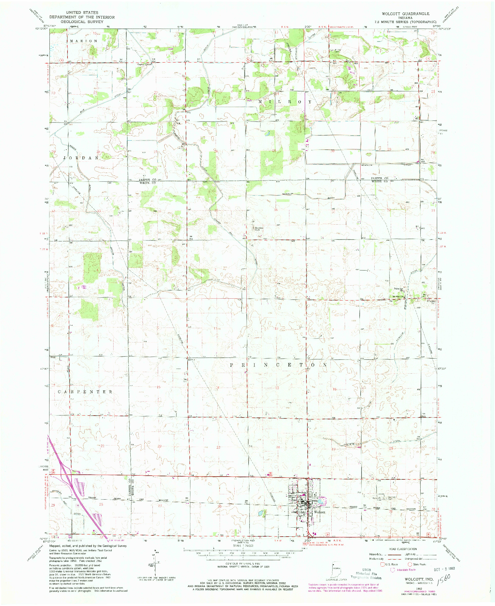 USGS 1:24000-SCALE QUADRANGLE FOR WOLCOTT, IN 1962