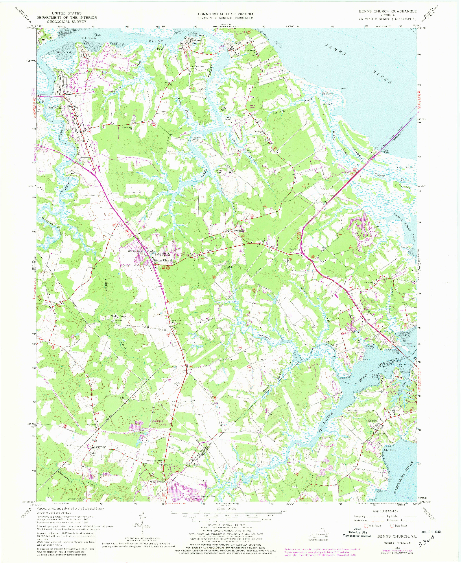 USGS 1:24000-SCALE QUADRANGLE FOR BENNS CHURCH, VA 1965