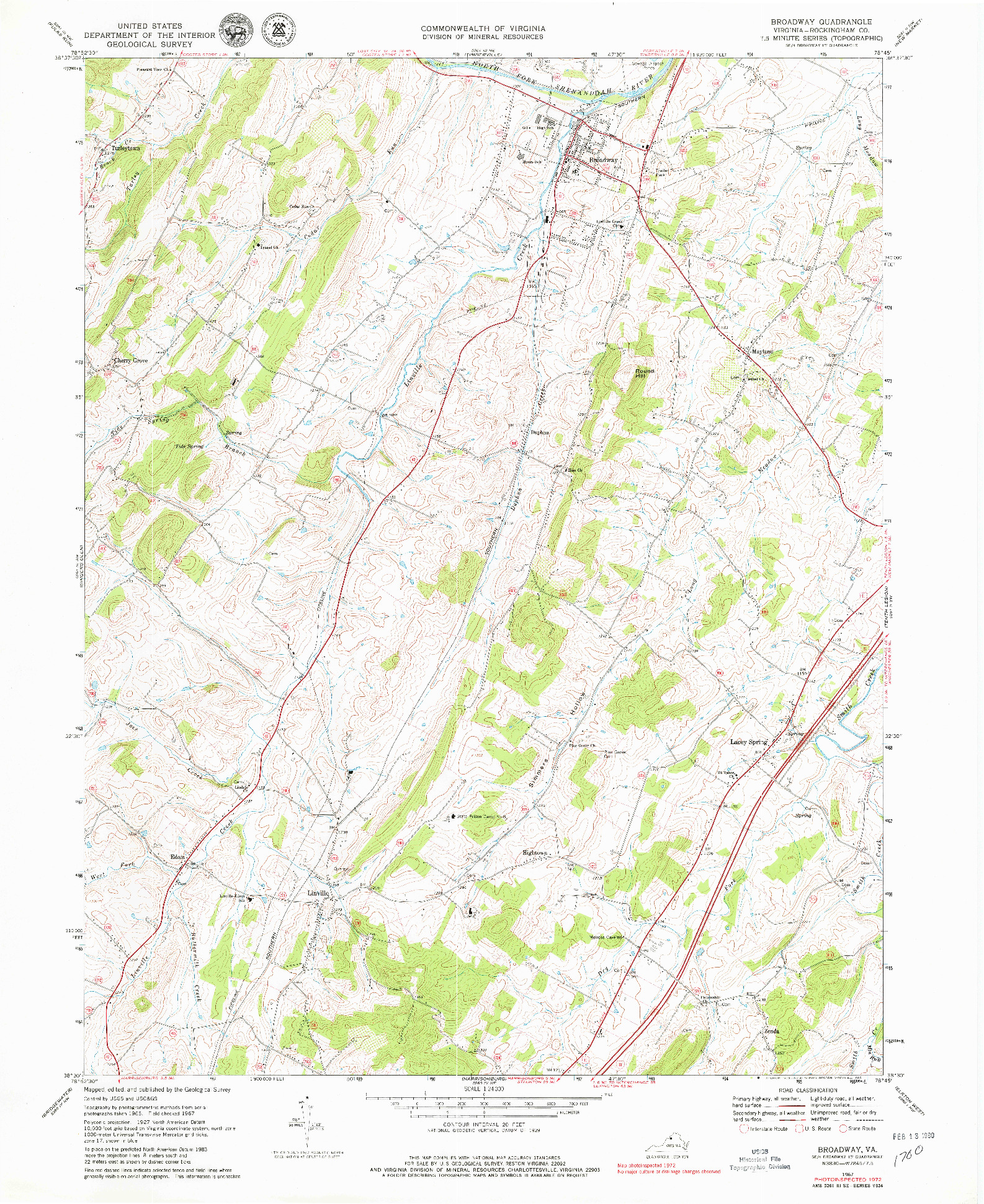 USGS 1:24000-SCALE QUADRANGLE FOR BROADWAY, VA 1967