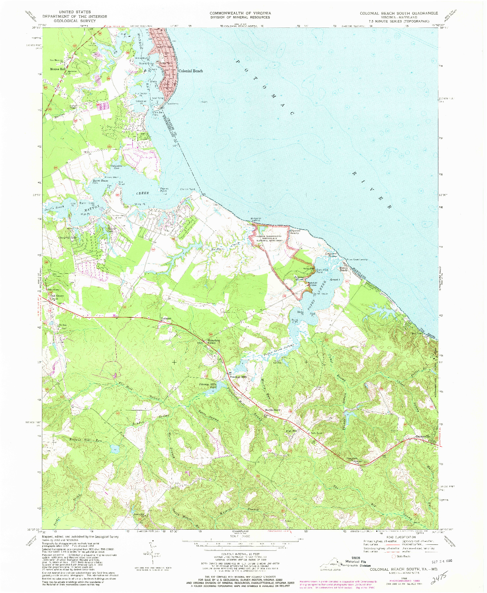 USGS 1:24000-SCALE QUADRANGLE FOR COLONIAL BEACH SOUTH, VA 1968