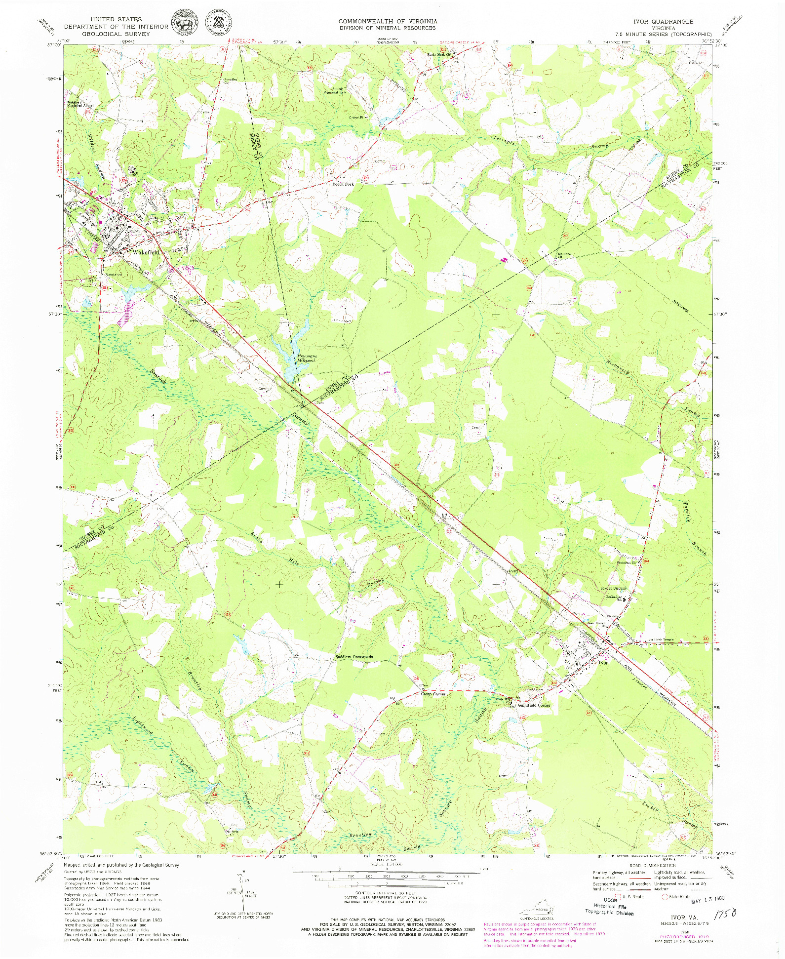 USGS 1:24000-SCALE QUADRANGLE FOR IVOR, VA 1968