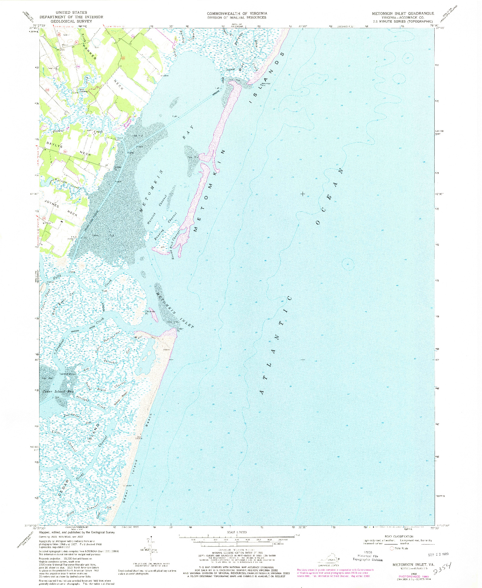 USGS 1:24000-SCALE QUADRANGLE FOR METOMKIN INLET, VA 1968